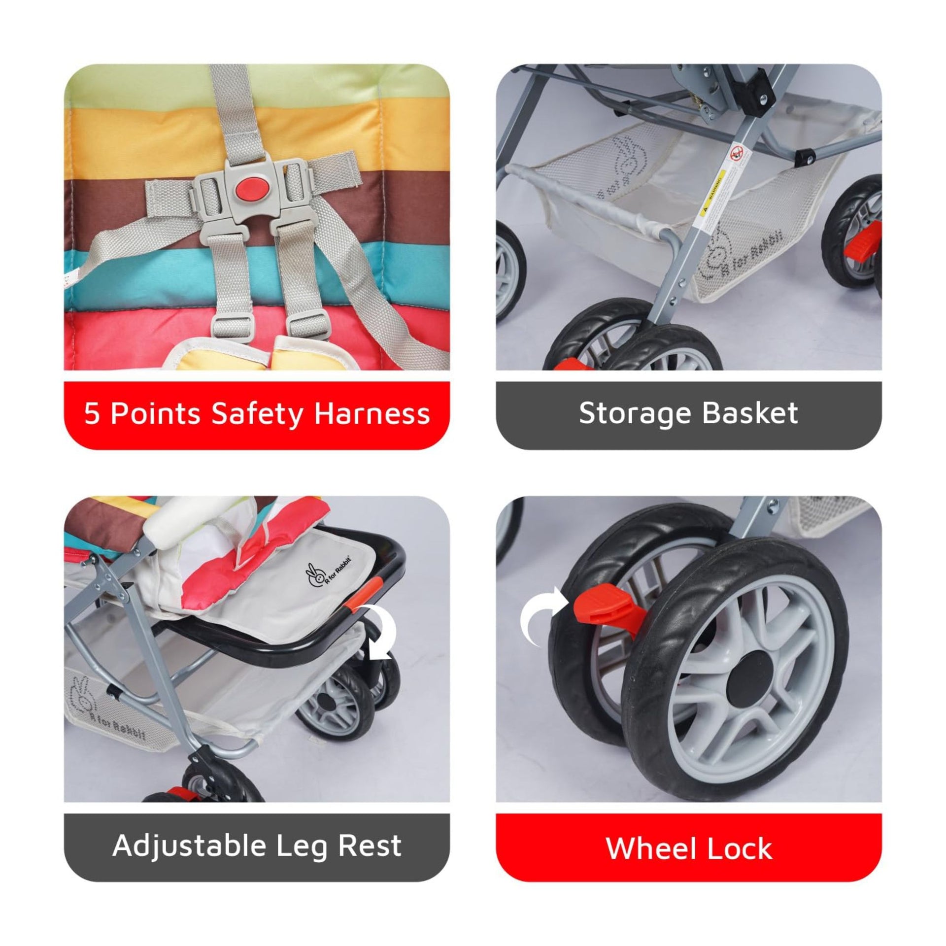R for Rabbit Lollipop Lite Baby Stroller for 0 to 3 Years Pram with 5 Point Safety Harness, Reversible Handlebar & Cushioned Seat with 3 Level Seats Recline/Lightweight Stroller for Kids (Rainbow)