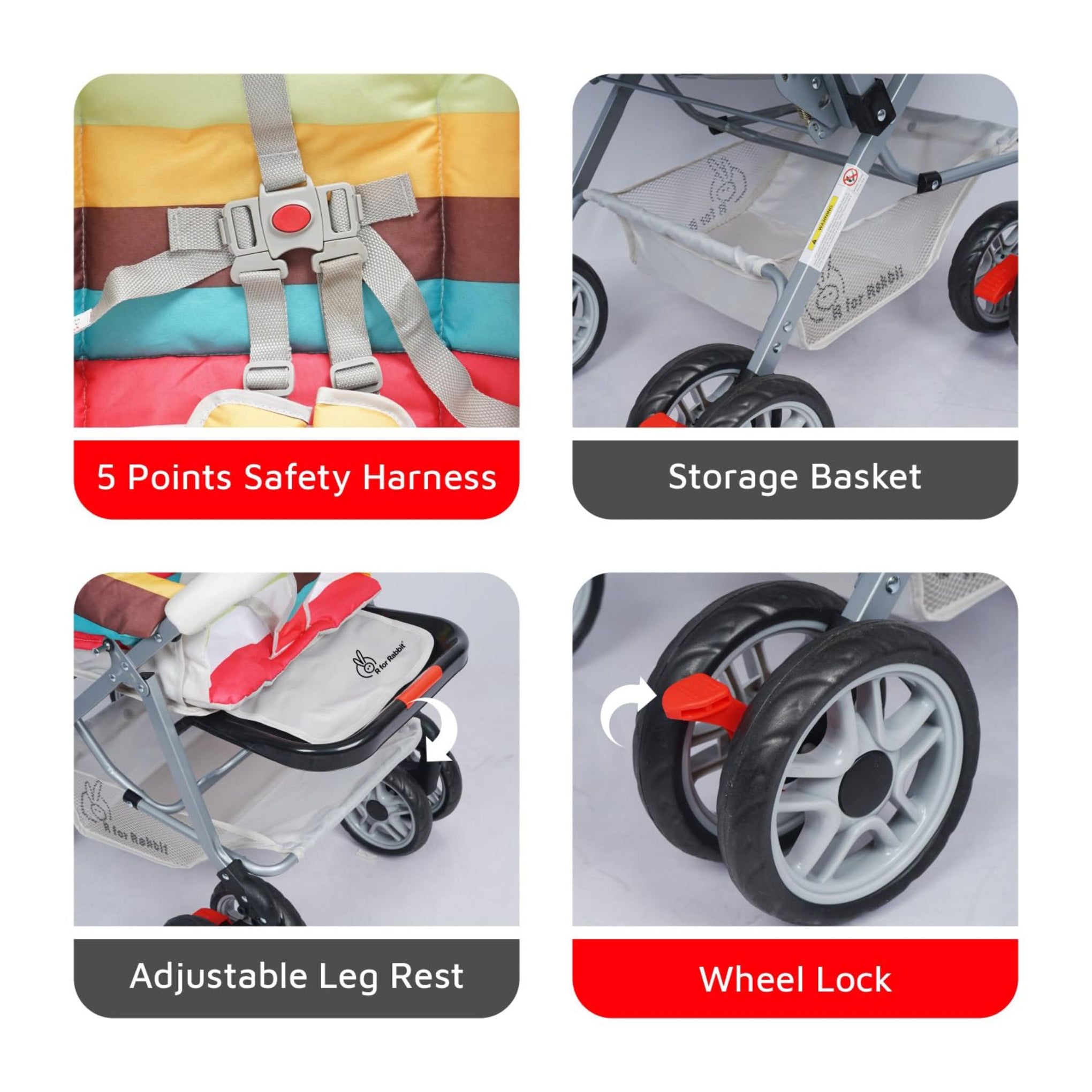 R for Rabbit Lollipop Lite Baby Stroller for 0 to 3 Years Pram with 5 Point Safety Harness, Reversible Handlebar & Cushioned Seat with 3 Level Seats Recline/Lightweight Stroller for Kids (Rainbow)