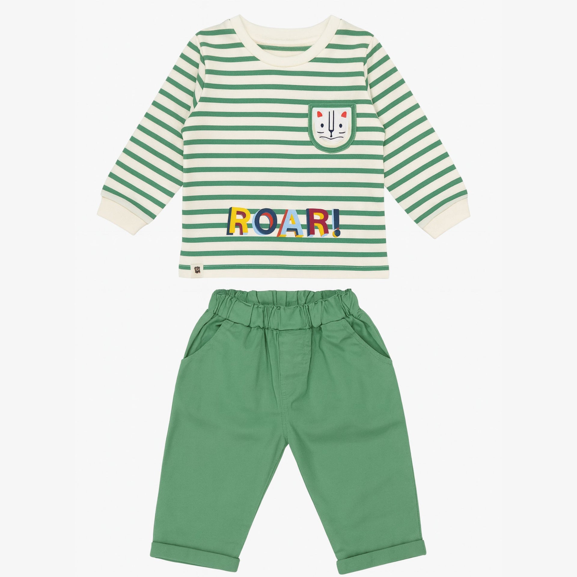 Ollypop “ROAR!” Striped Top & Solid Pants Set for Baby Boys (3–24 Months)