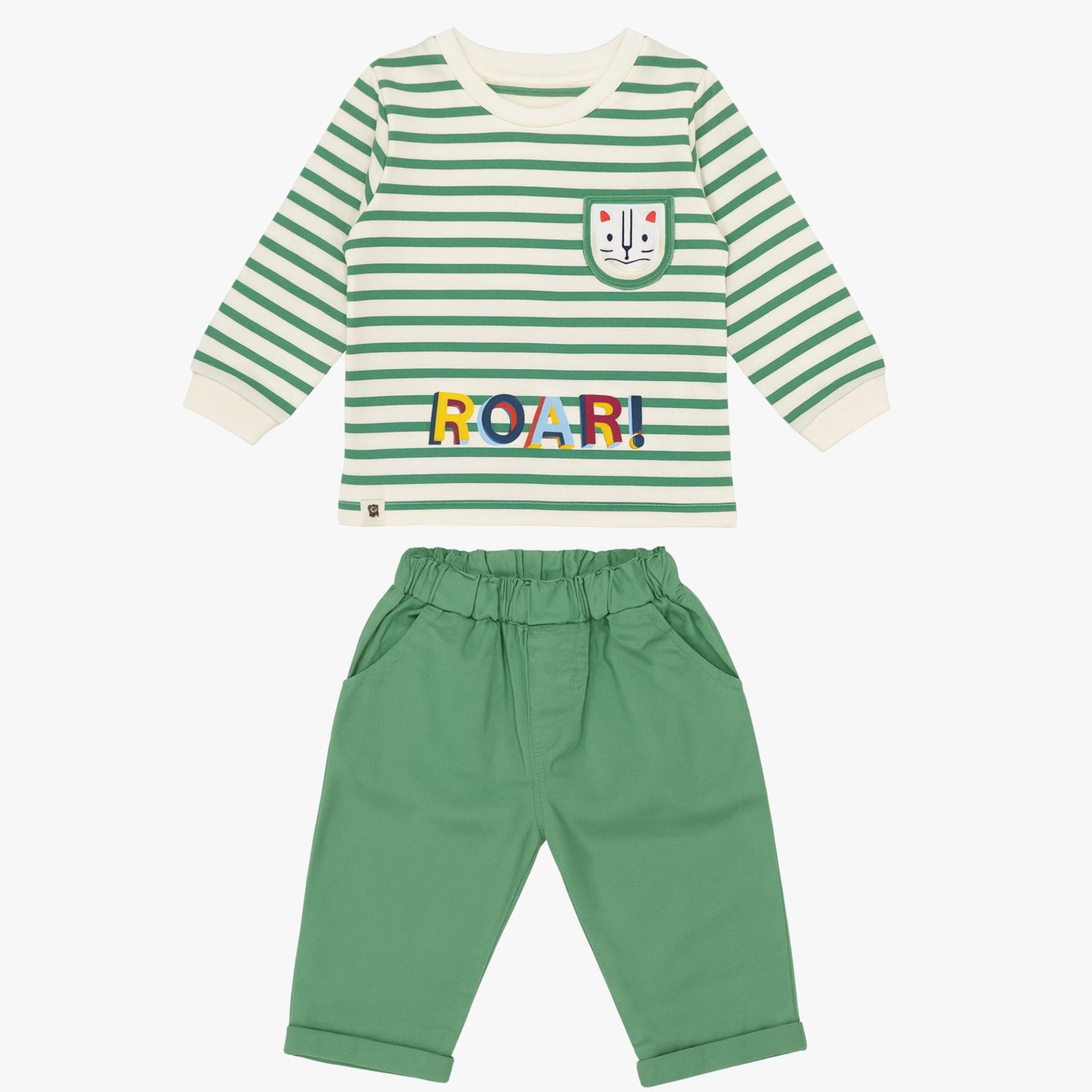 Ollypop “ROAR!” Striped Top & Solid Pants Set for Baby Boys (3–24 Months)