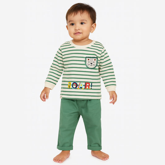 Ollypop “ROAR!” Striped Top & Solid Pants Set for Baby Boys (3–24 Months)