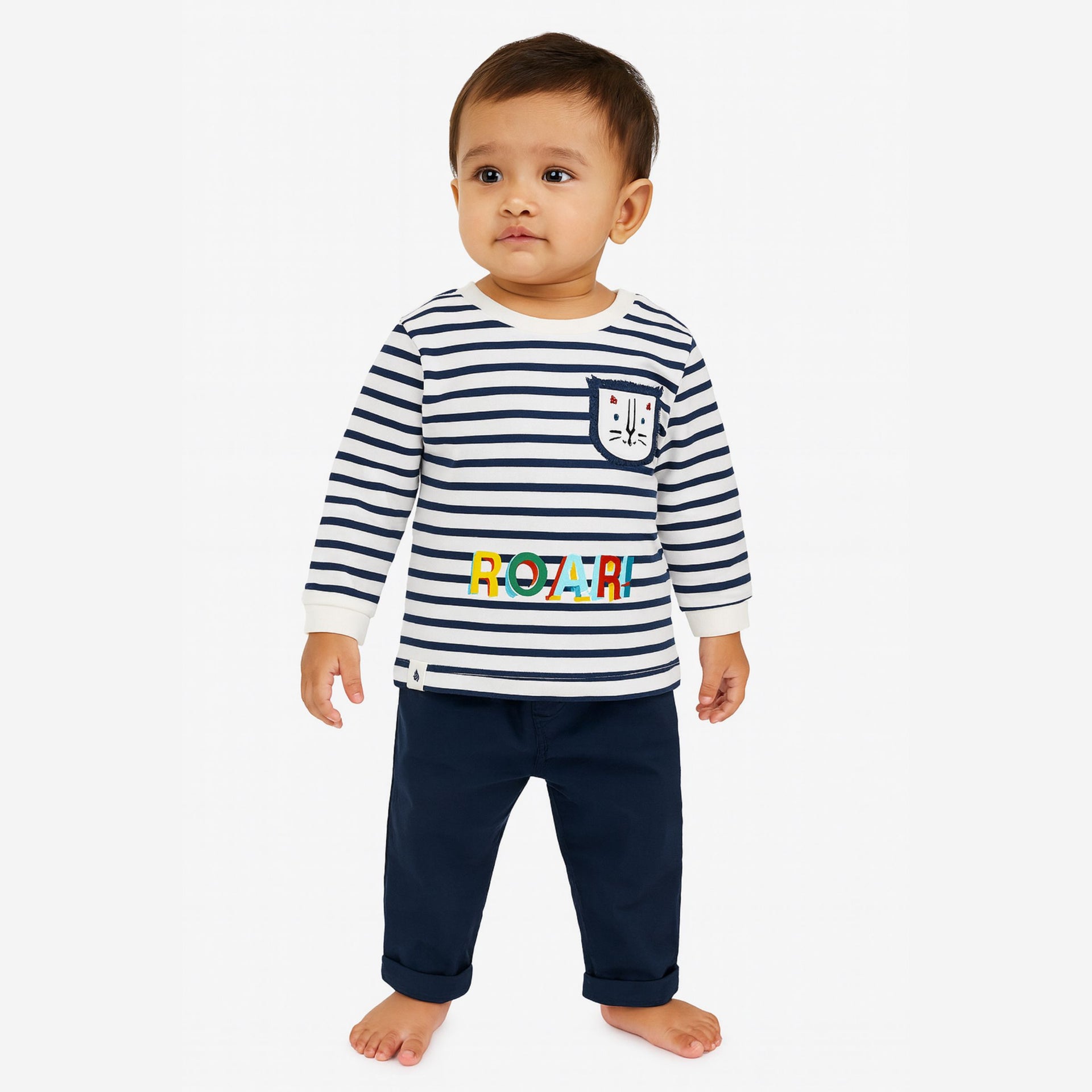 Ollypop “ROAR!” Striped Top & Solid Pants Set for Baby Boys (3–24 Months)