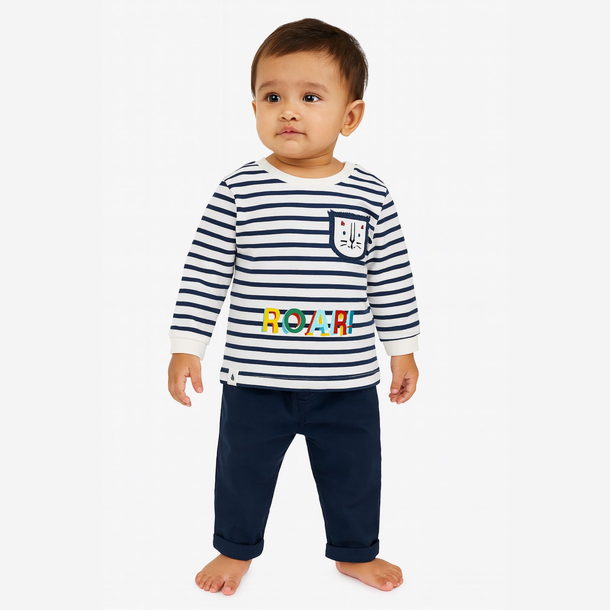Ollypop “ROAR!” Striped Top & Solid Pants Set for Baby Boys (3–24 Months)