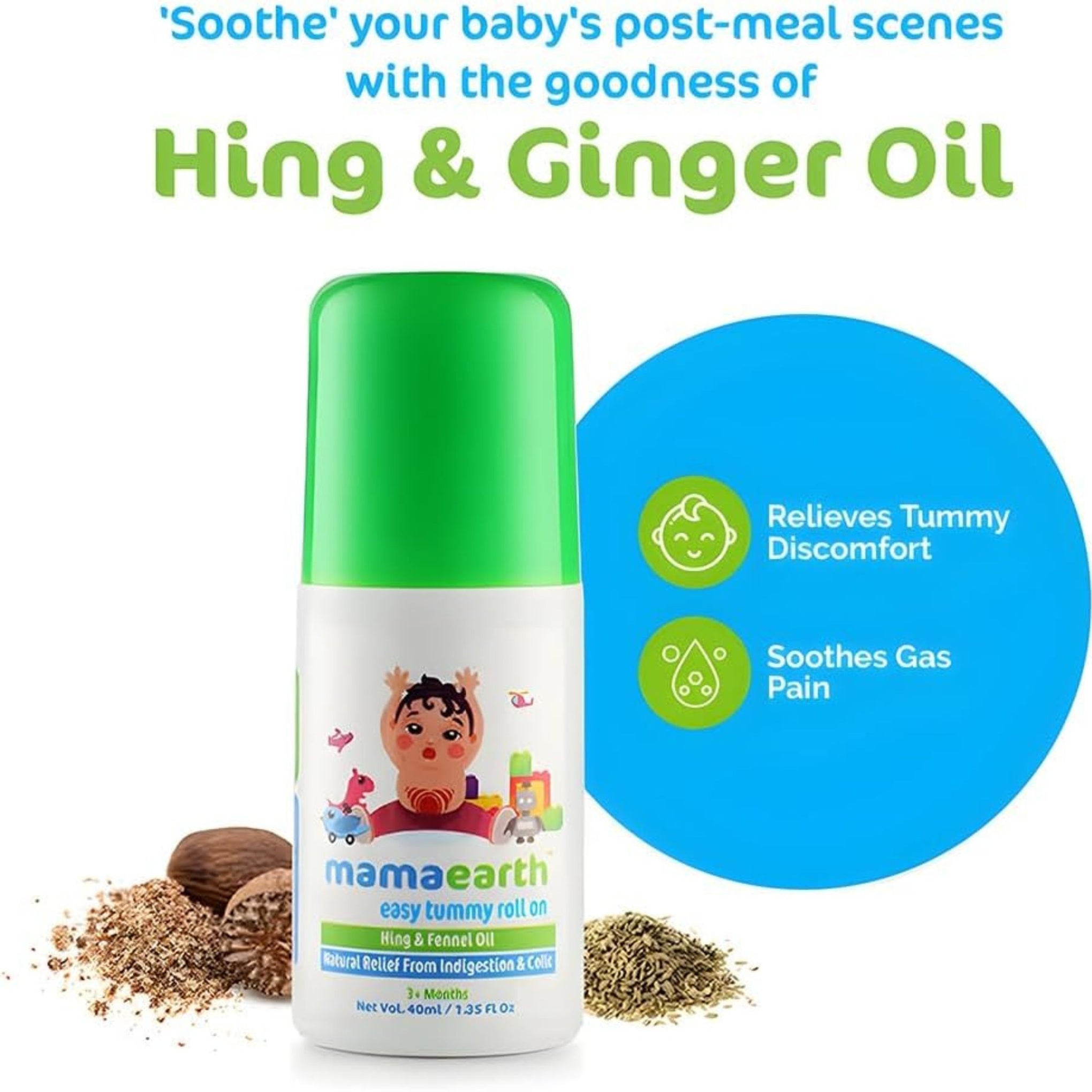 Mamaearth Easy Tummy Roll On for Colic & Gas Relief with Hing & Fennel Oil Contain Glycerin | Shea Butter | Aloe Vera | Almond Oil 40ml (For external use)