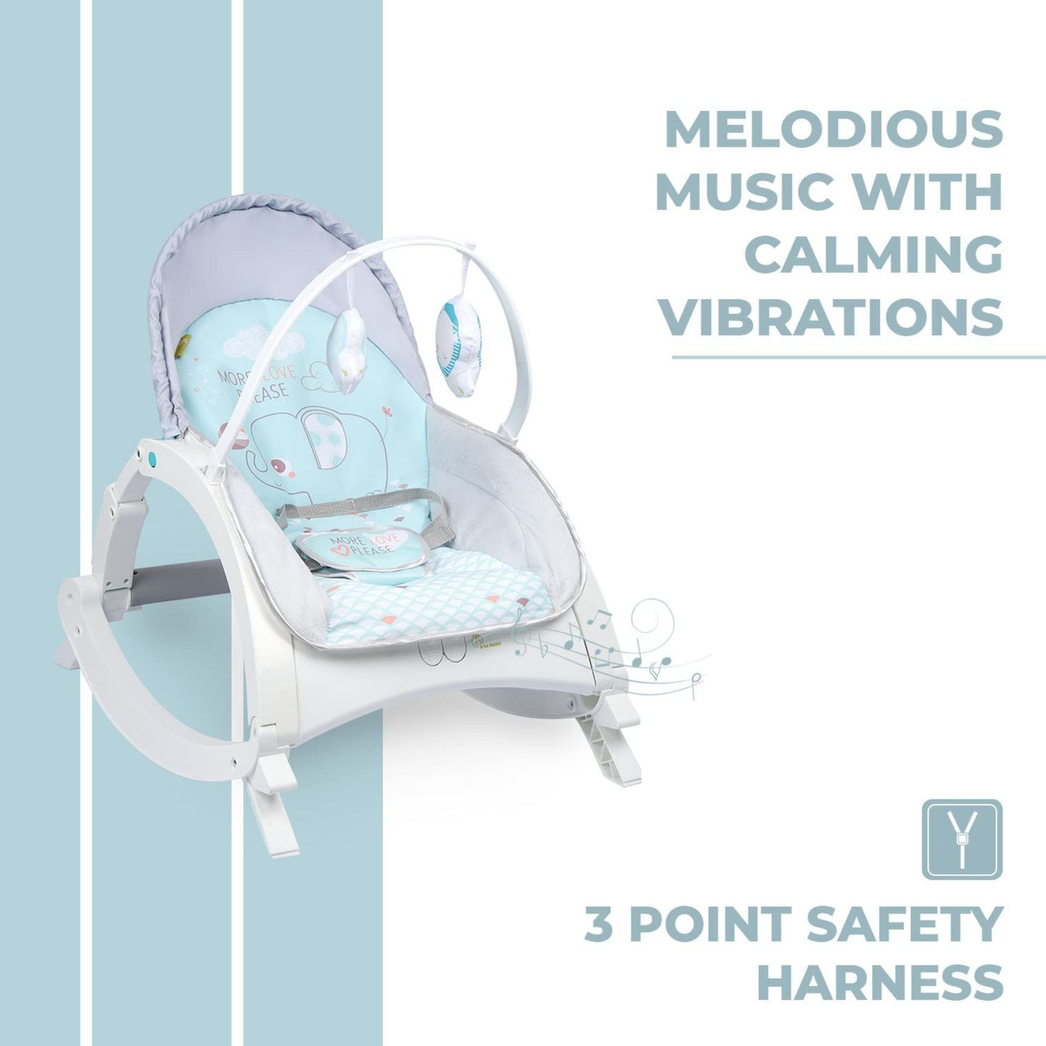 R for Rabbit Rock N Play Baby Rocker Baby Feeding Chair with Vibration and Soothing Music, Adjustable Backrest with Arc-Shaped Legs for Rocking Mode | 3 in 1 Functionality DetachableToy Bar (Green)