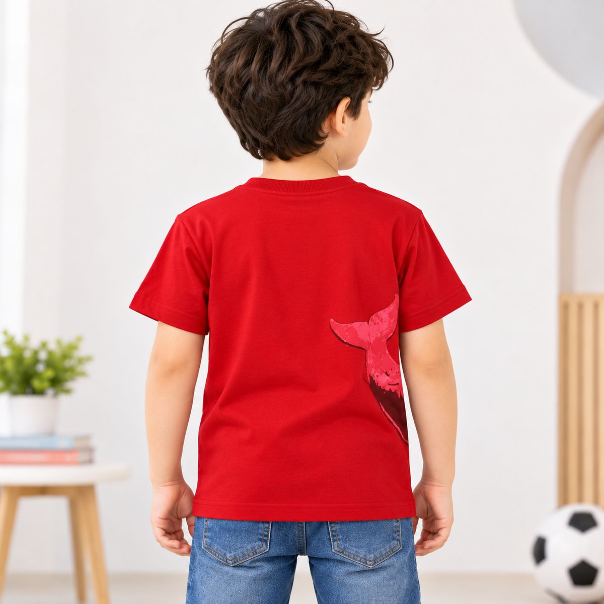 Smile Baby red boys T-shirt back view with whale tail graphic