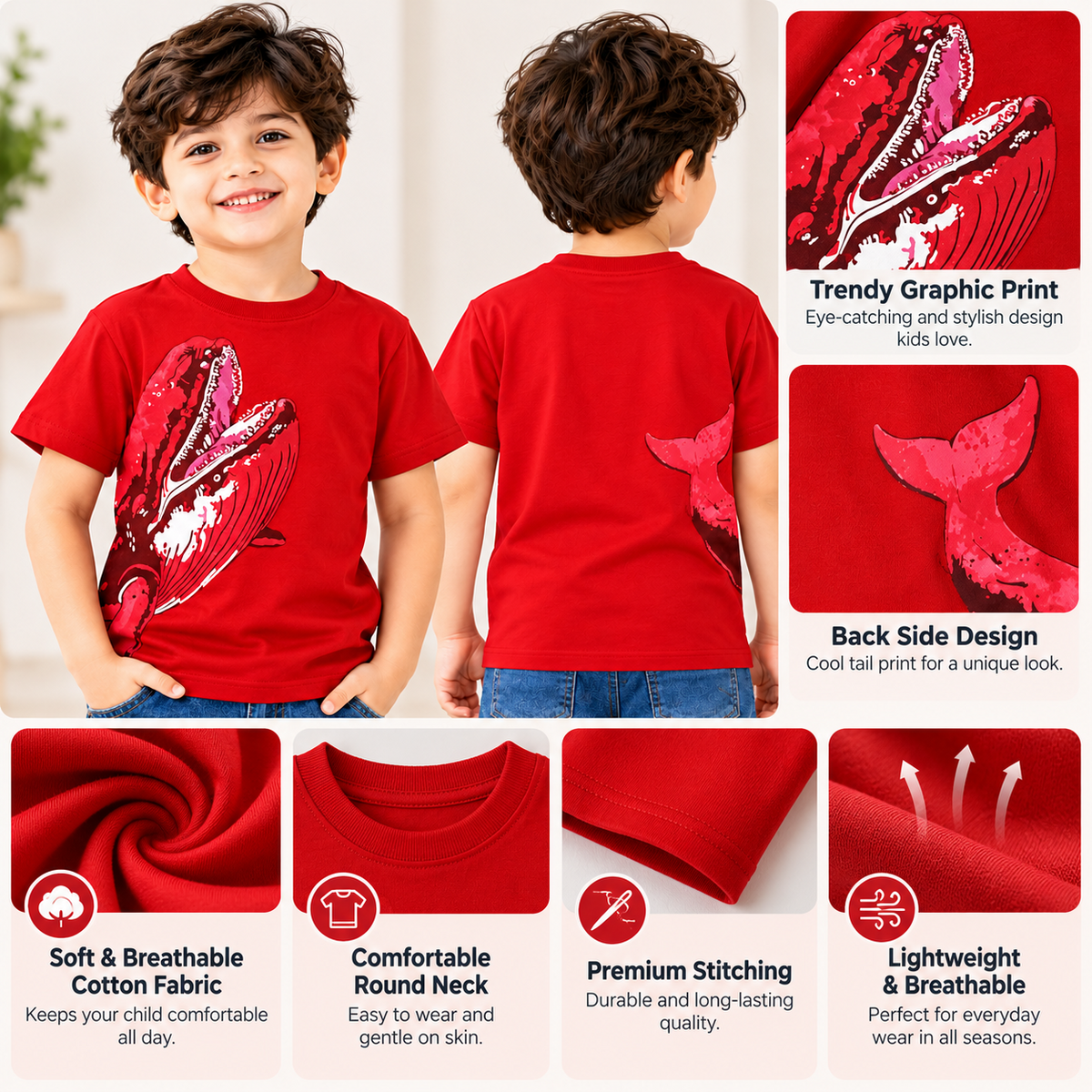 Smile Baby red whale graphic T-shirt product details infographic