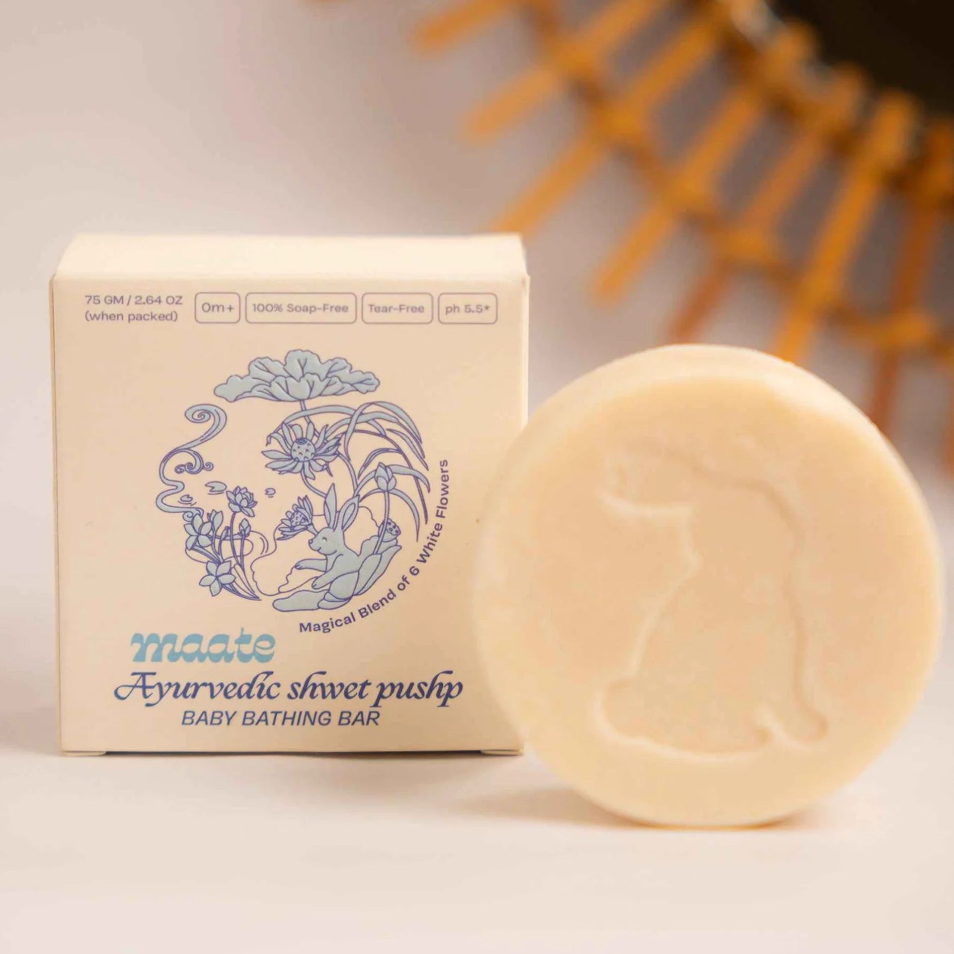 Maate Ayurvedic Shwet Pushp Baby Bathing Bar | Blend of Six White Flowers | Soap-Free, Tear-Free, pH 5.5 | Gentle Care for Baby’s Delicate Skin (0+ Months)