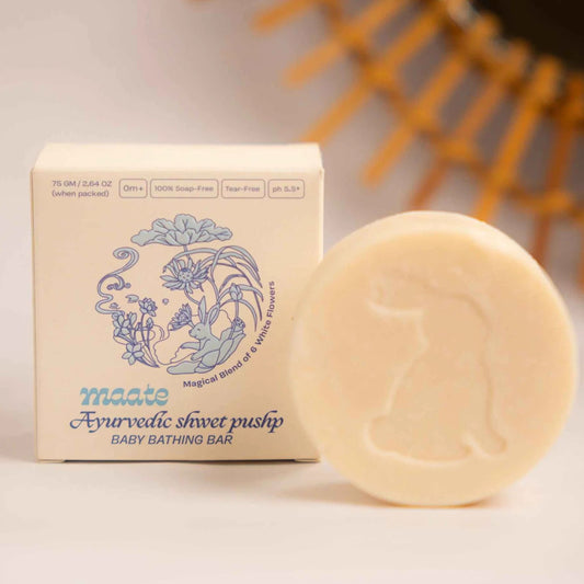 Maate Ayurvedic Shwet Pushp Baby Bathing Bar | Blend of Six White Flowers | Soap-Free, Tear-Free, pH 5.5 | Gentle Care for Baby’s Delicate Skin (0+ Months)