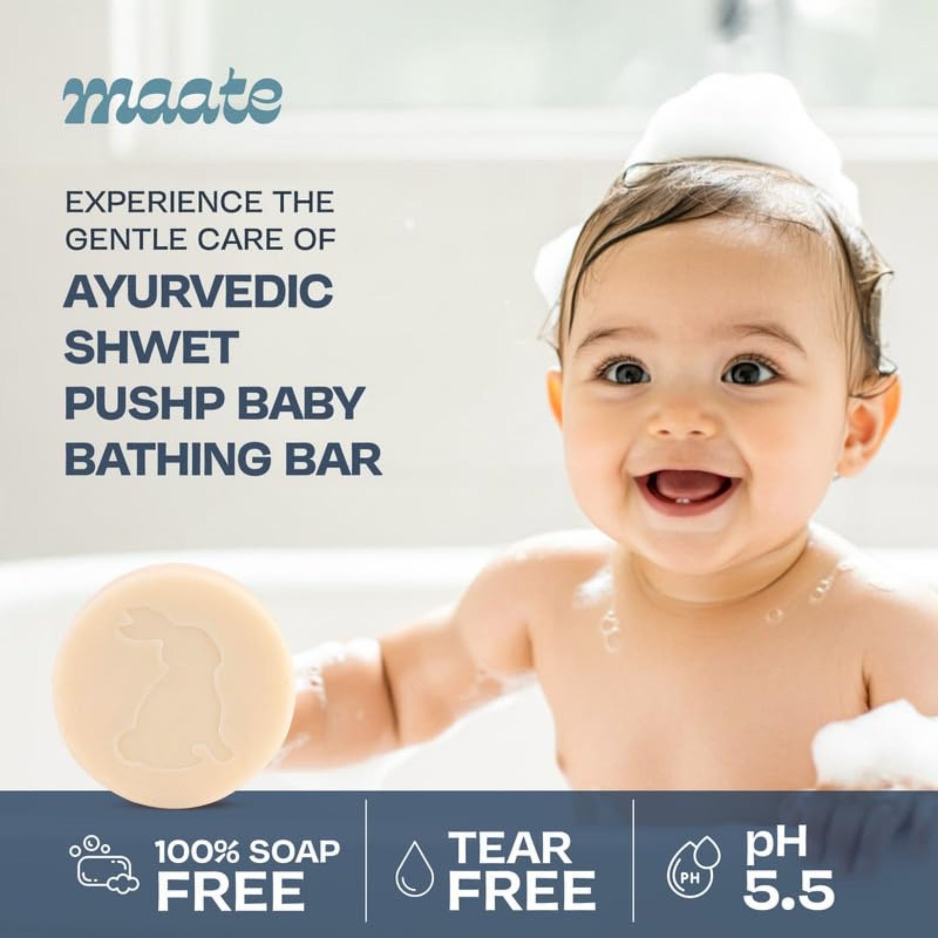 Maate Ayurvedic Shwet Pushp Baby Bathing Bar | Blend of Six White Flowers | Soap-Free, Tear-Free, pH 5.5 | Gentle Care for Baby’s Delicate Skin (0+ Months)