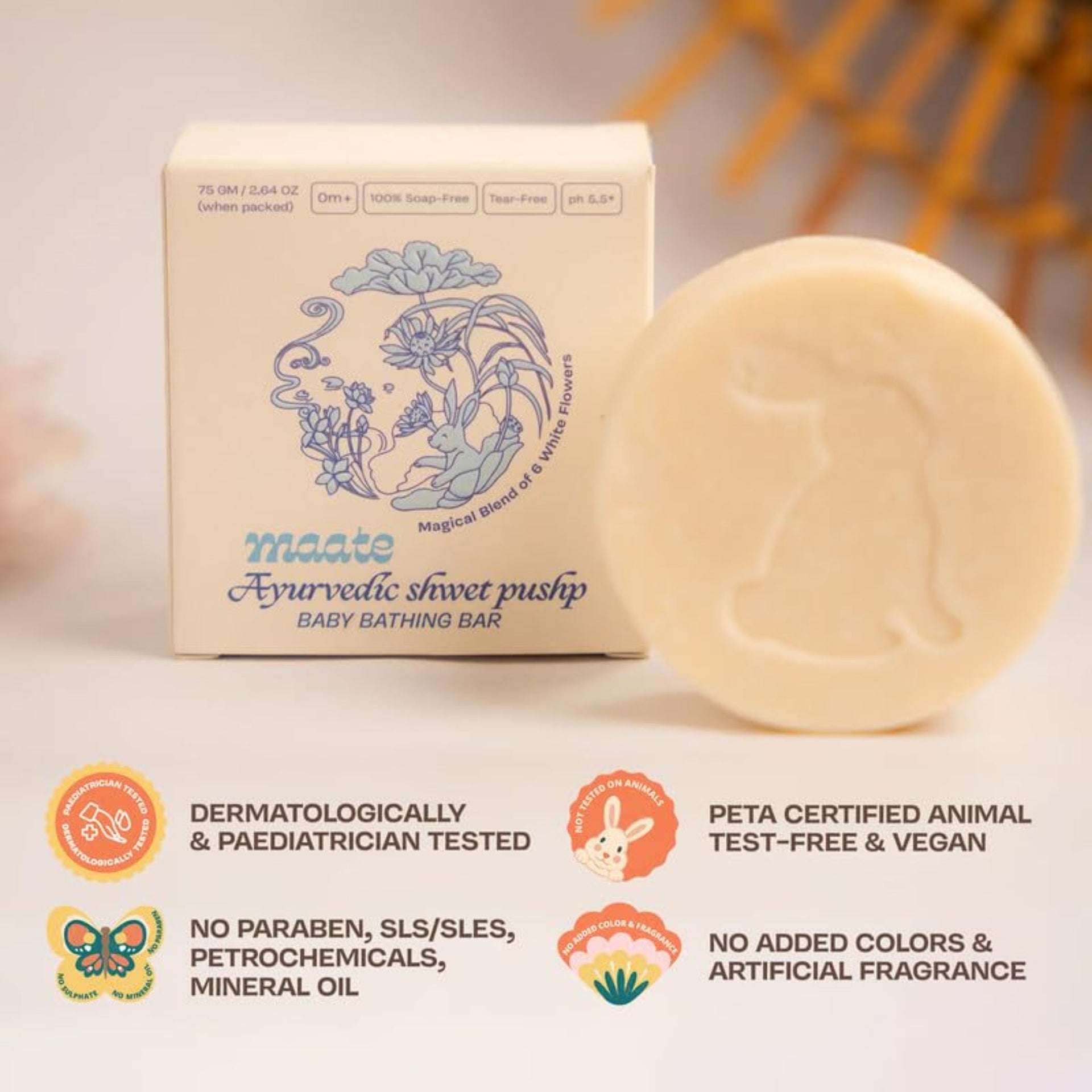 Maate Ayurvedic Shwet Pushp Baby Bathing Bar | Blend of Six White Flowers | Soap-Free, Tear-Free, pH 5.5 | Gentle Care for Baby’s Delicate Skin (0+ Months)