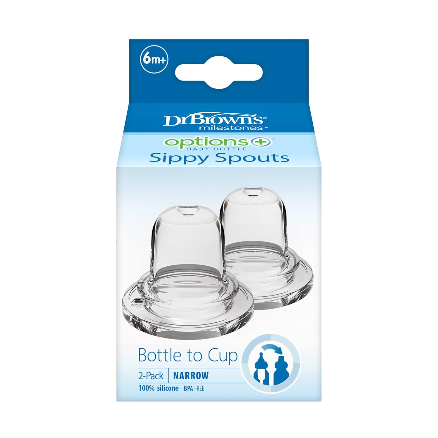Dr. Brown's Options+ Narrow Neck Sippy Spouts for Baby Bottles | 100% Silicone Spill-Proof Transition Spout | Fits 4oz & 8oz Narrow Bottles | BPA-Free | 2 Pack