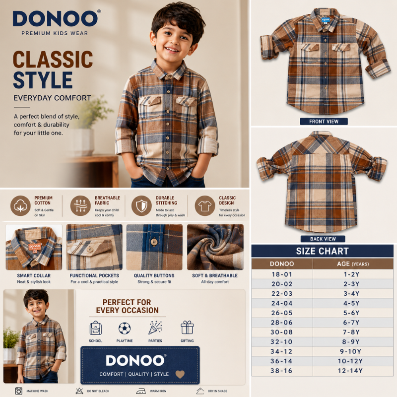 DONOO Boys Checked Full Sleeve Shirt | Brown, Blue & Cream Plaid Casual Shirt for Kids | Ages 1–14 Years