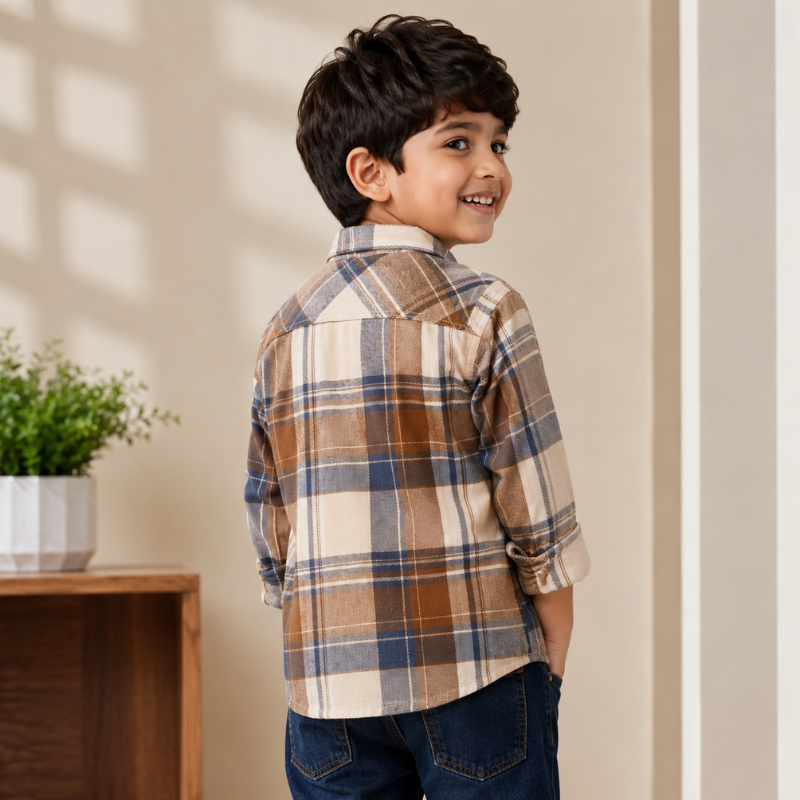 DONOO Boys Checked Full Sleeve Shirt | Brown, Blue & Cream Plaid Casual Shirt for Kids | Ages 1–14 Years