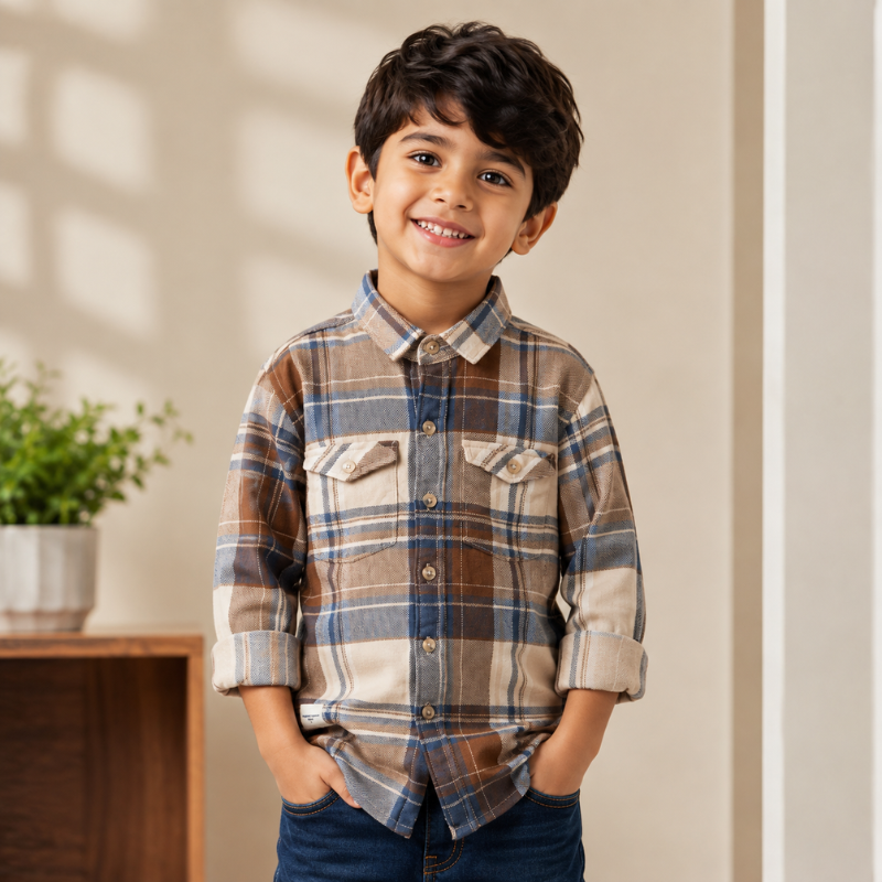 DONOO Boys Checked Full Sleeve Shirt | Brown, Blue & Cream Plaid Casual Shirt for Kids | Ages 1–14 Years