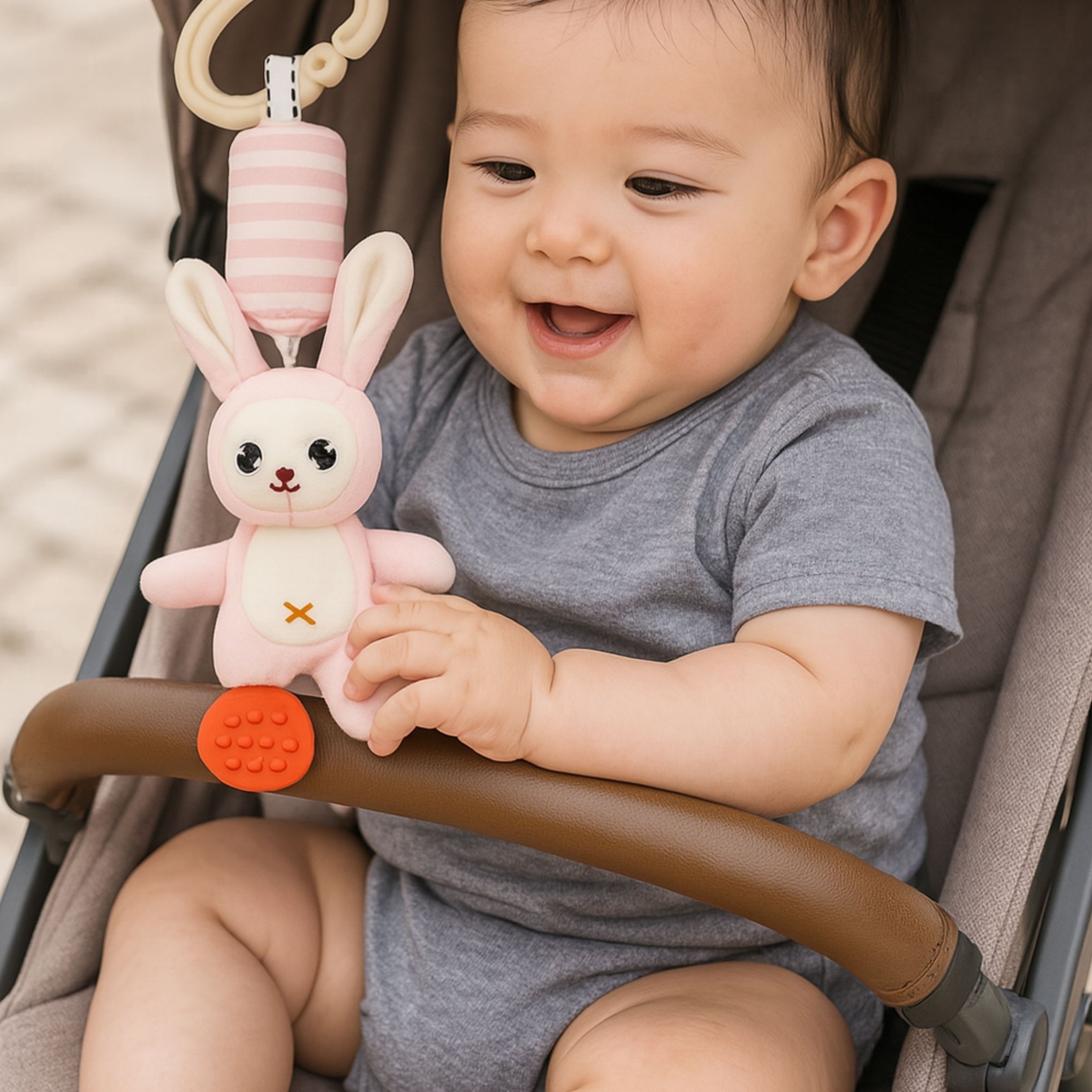 Smile Baby Hanging Bunny Plush Toy – Soft Rattle & Teether | Pink Rabbit | Stroller/Crib Hanging Toy for Newborns & Infants