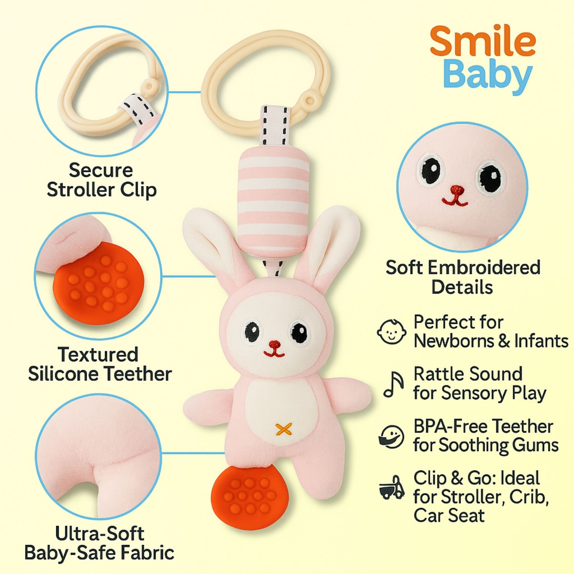 Smile Baby Hanging Bunny Plush Toy – Soft Rattle & Teether | Pink Rabbit | Stroller/Crib Hanging Toy for Newborns & Infants
