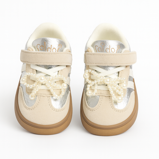 Smile Baby Girls Pearl Bow Sneakers – Beige & Silver Casual Party Shoes