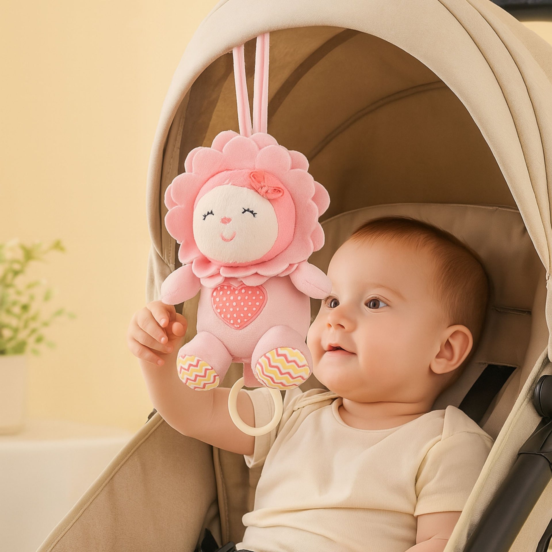 Smile Baby Hanging Pink Plush Toy – Soft Musical Pull String | Crib & Stroller Friendly | Ultra-Soft Fabric | Sunflower Pink Hanging Toy