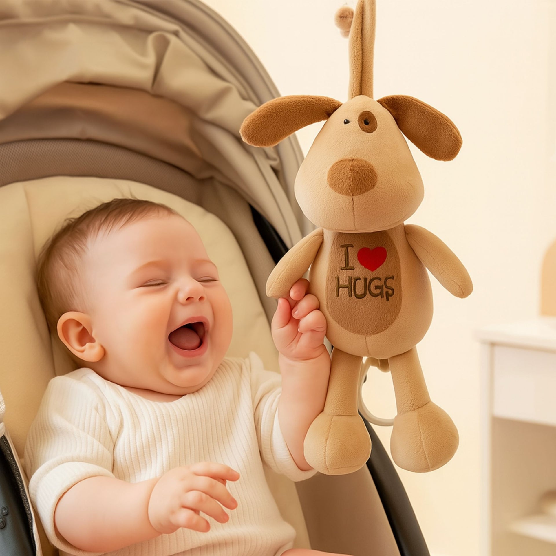 Smile Baby Hanging Dog Plush Toy – Soft Musical Pull String | Crib & Stroller Friendly | “I ❤️ HUGS” Embroidery | Soothing for Newborns & Infants