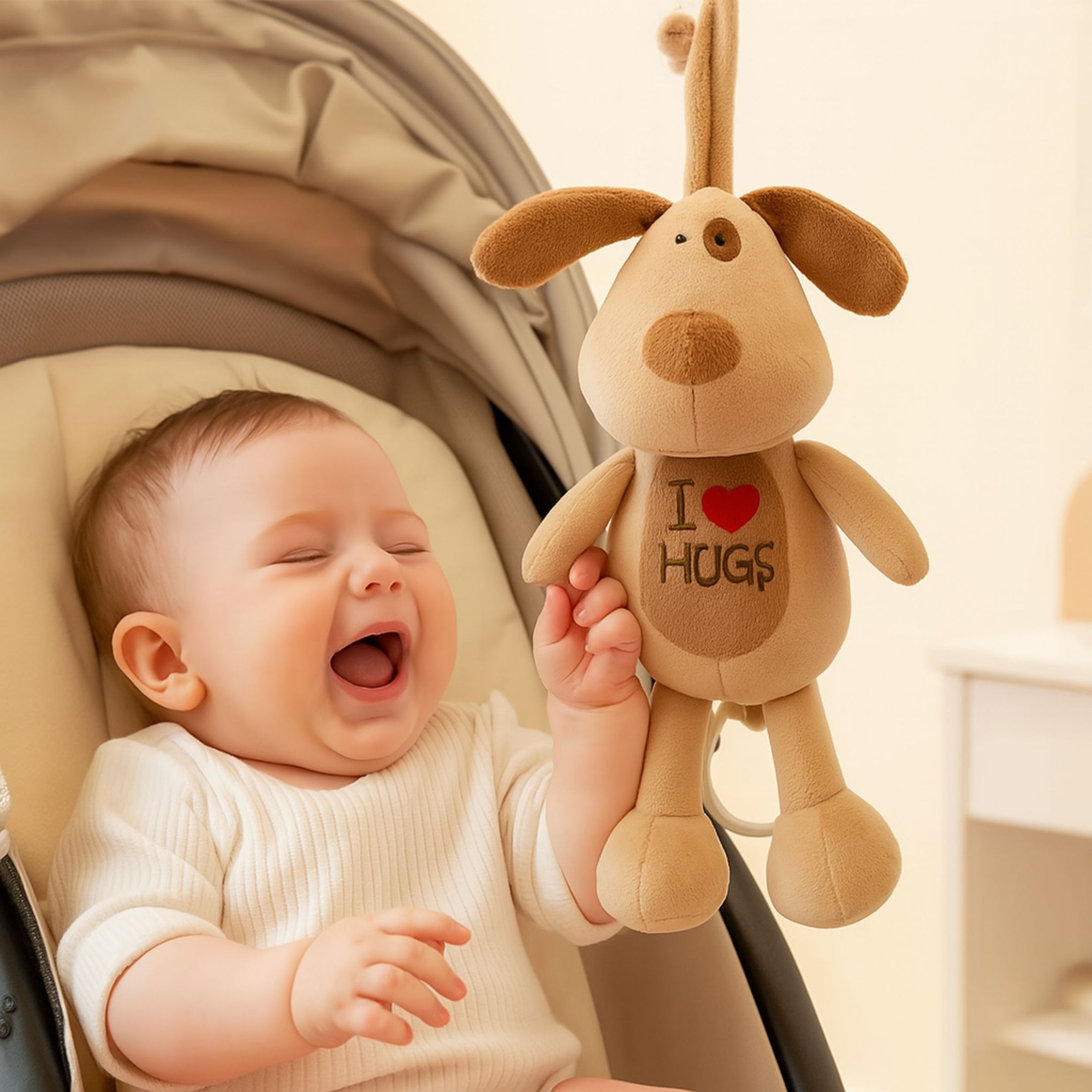 Smile Baby Hanging Dog Plush Toy – Soft Musical Pull String | Crib & Stroller Friendly | “I ❤️ HUGS” Embroidery | Soothing for Newborns & Infants