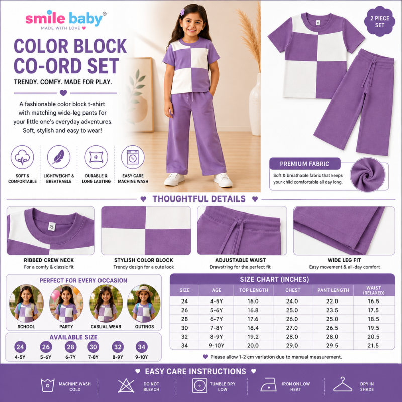 Smile Baby Girls Purple & White Color Block Co-Ord Set | 2 Piece T-Shirt & Wide-Leg Pants Set