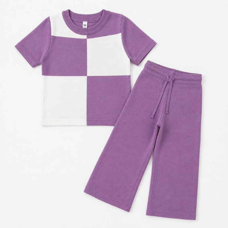 Smile Baby Girls Purple & White Color Block Co-Ord Set | 2 Piece T-Shirt & Wide-Leg Pants Set