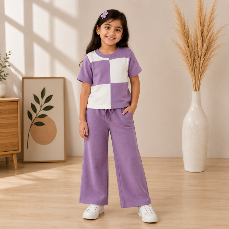 Smile Baby Girls Purple & White Color Block Co-Ord Set | 2 Piece T-Shirt & Wide-Leg Pants Set