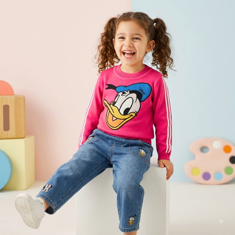 Smile Baby Girls Cartoon Ribbed Knit Top | Full Sleeve Winter Top | Neon Green, Hot Pink & White