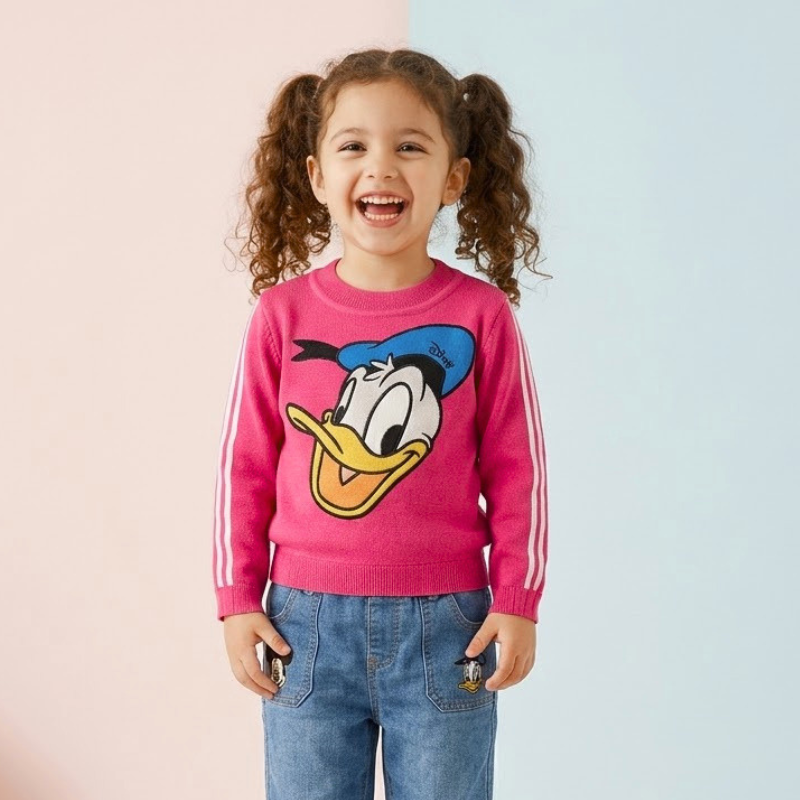 Smile Baby Girls Cartoon Ribbed Knit Top | Full Sleeve Winter Top | Neon Green, Hot Pink & White