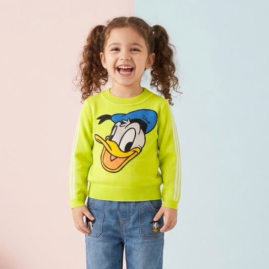 Smile Baby Girls Cartoon Ribbed Knit Top | Full Sleeve Winter Top | Neon Green, Hot Pink & White