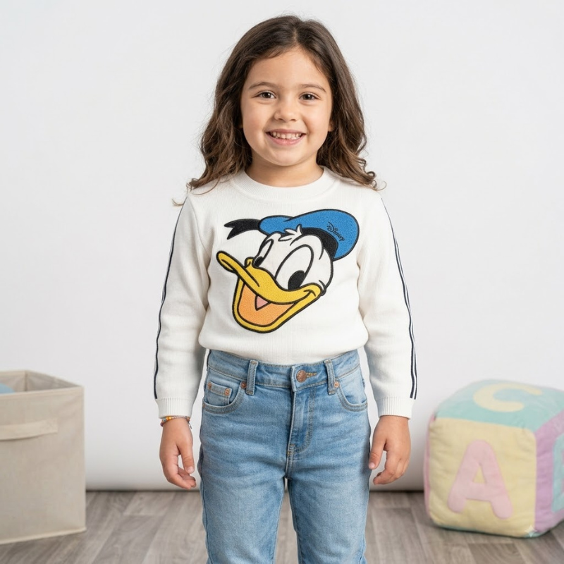 Smile Baby Girls Cartoon Ribbed Knit Top | Full Sleeve Winter Top | Neon Green, Hot Pink & White