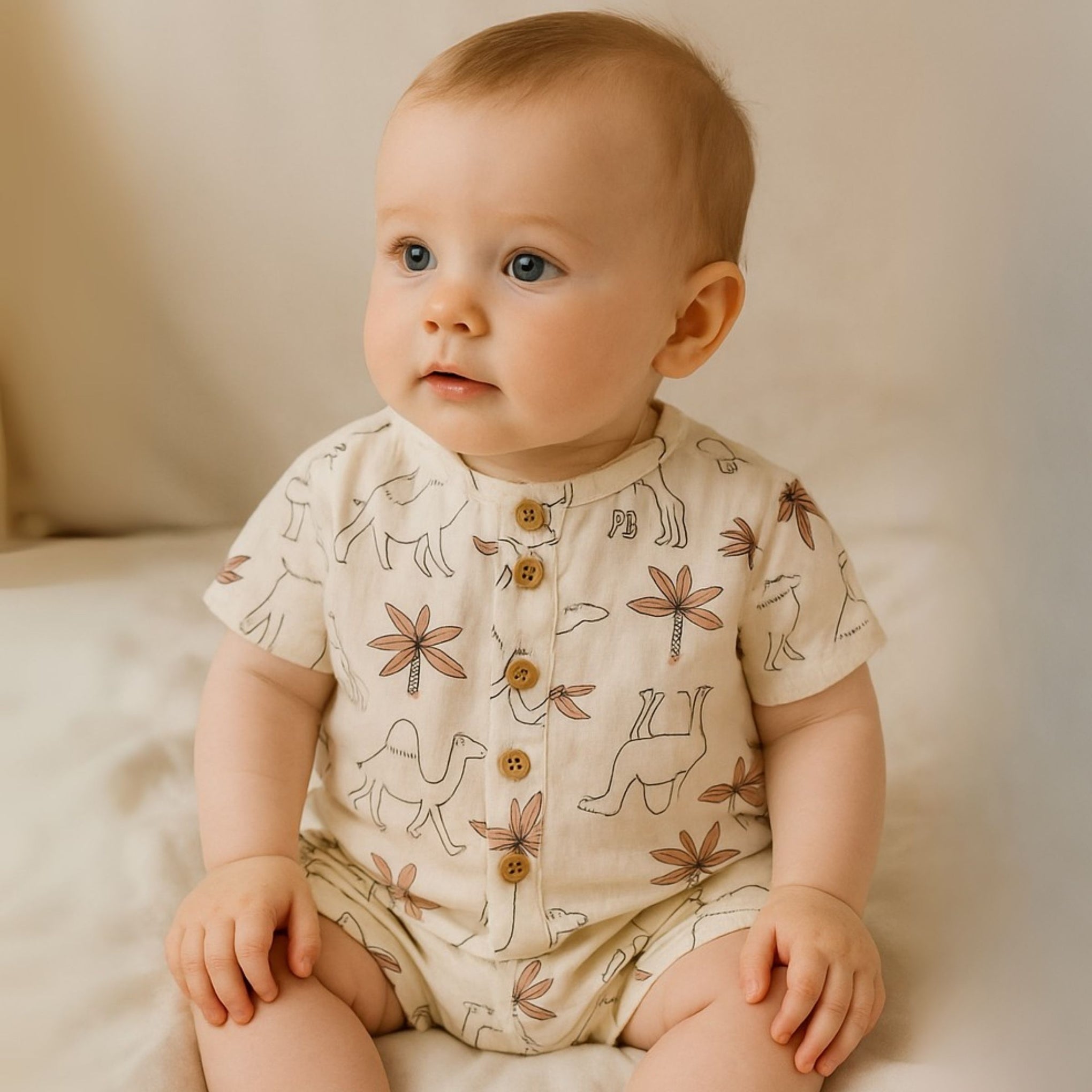 TOFFY HOUSE Muslin Co-ord Set for Kids – Camel & Palm Tree Print | Ultra-Soft Shirt & Shorts | Unisex | 0 – 9 MONTHS