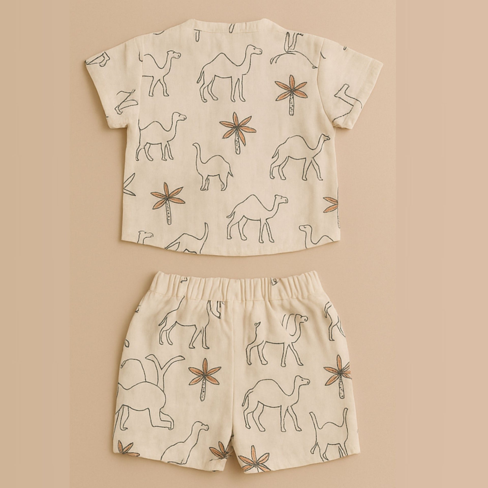 TOFFY HOUSE Muslin Co-ord Set for Kids – Camel & Palm Tree Print | Ultra-Soft Shirt & Shorts | Unisex | 0 – 9 MONTHS