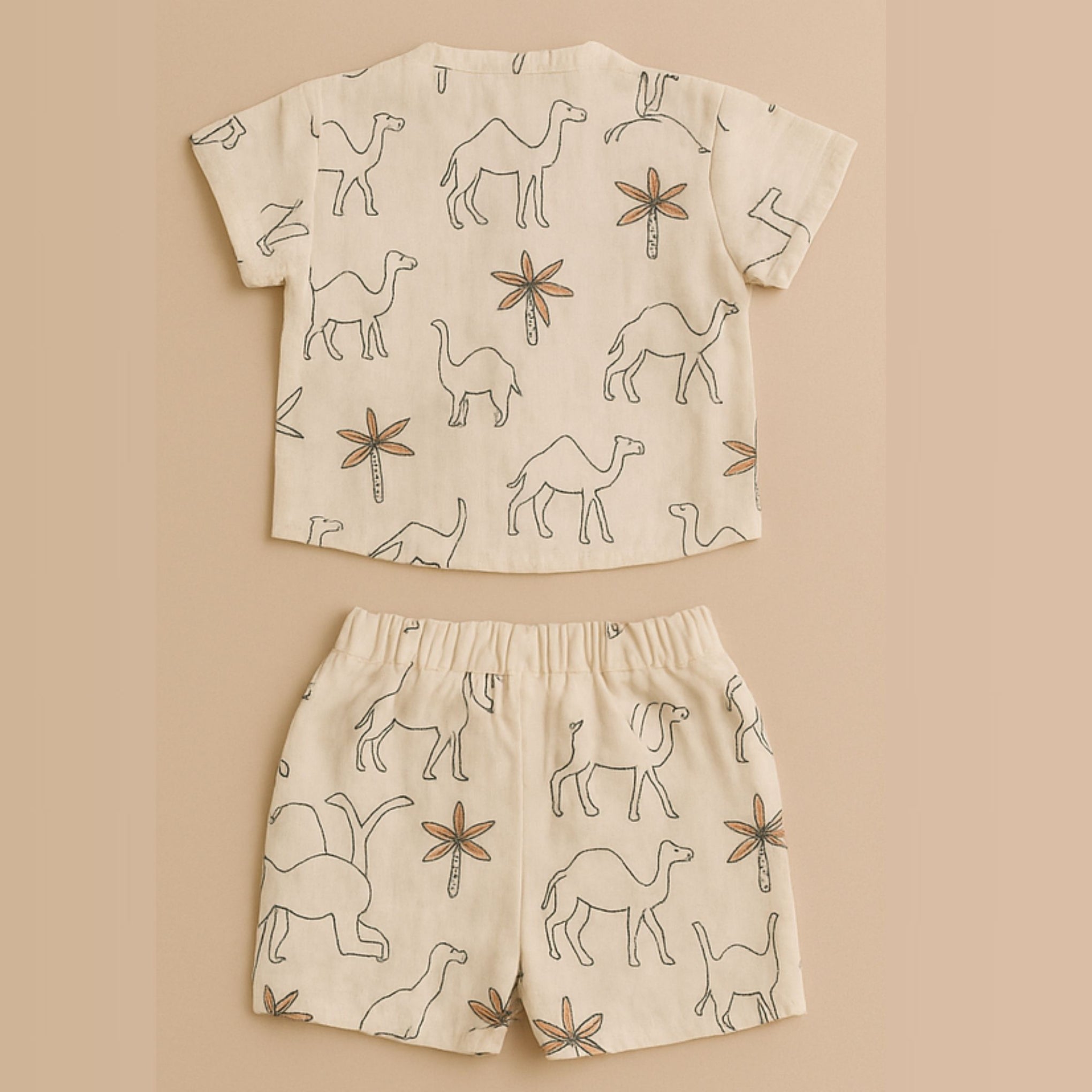 TOFFY HOUSE Muslin Co-ord Set for Kids – Camel & Palm Tree Print | Ultra-Soft Shirt & Shorts | Unisex | 0 – 9 MONTHS