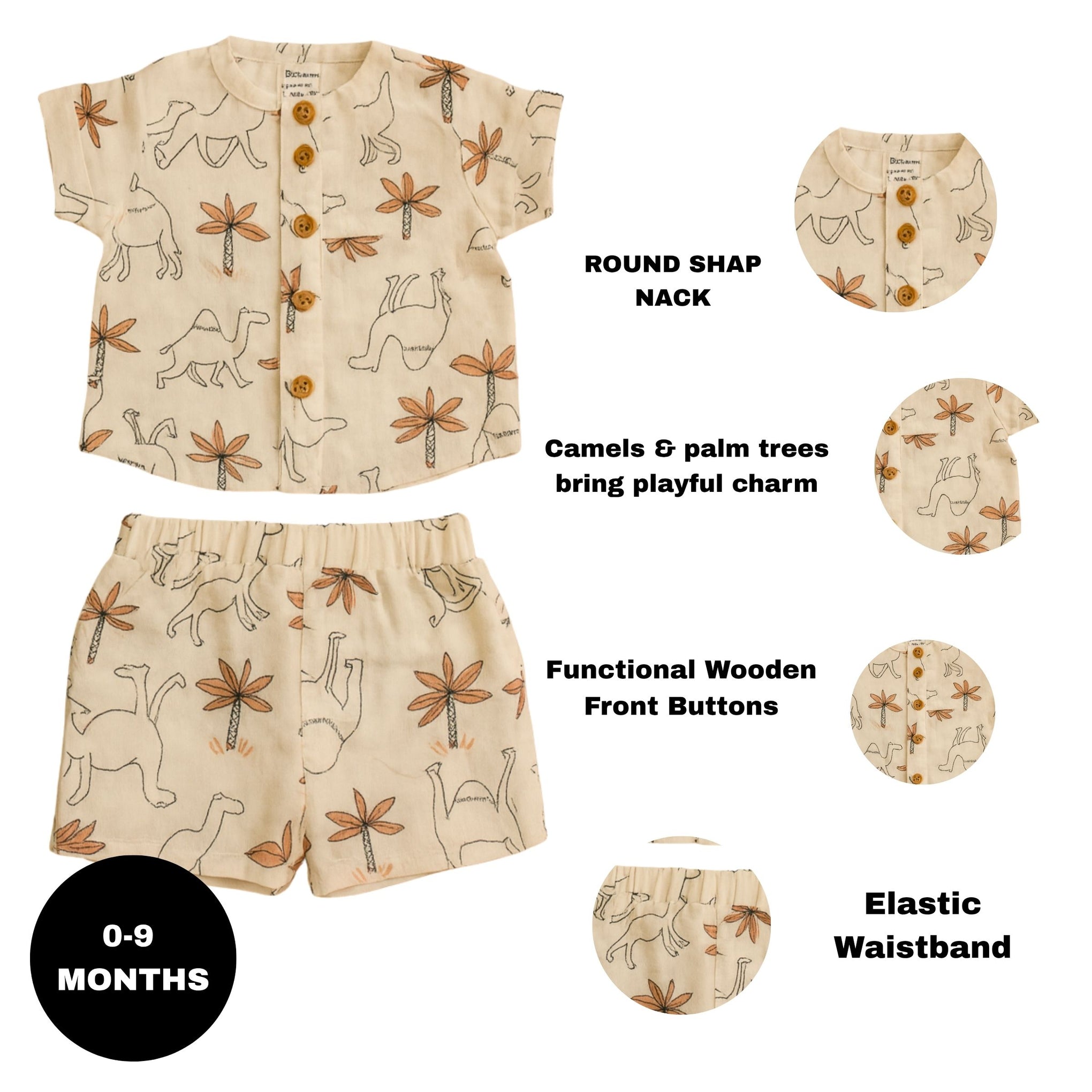 TOFFY HOUSE Muslin Co-ord Set for Kids – Camel & Palm Tree Print | Ultra-Soft Shirt & Shorts | Unisex | 0 – 9 MONTHS
