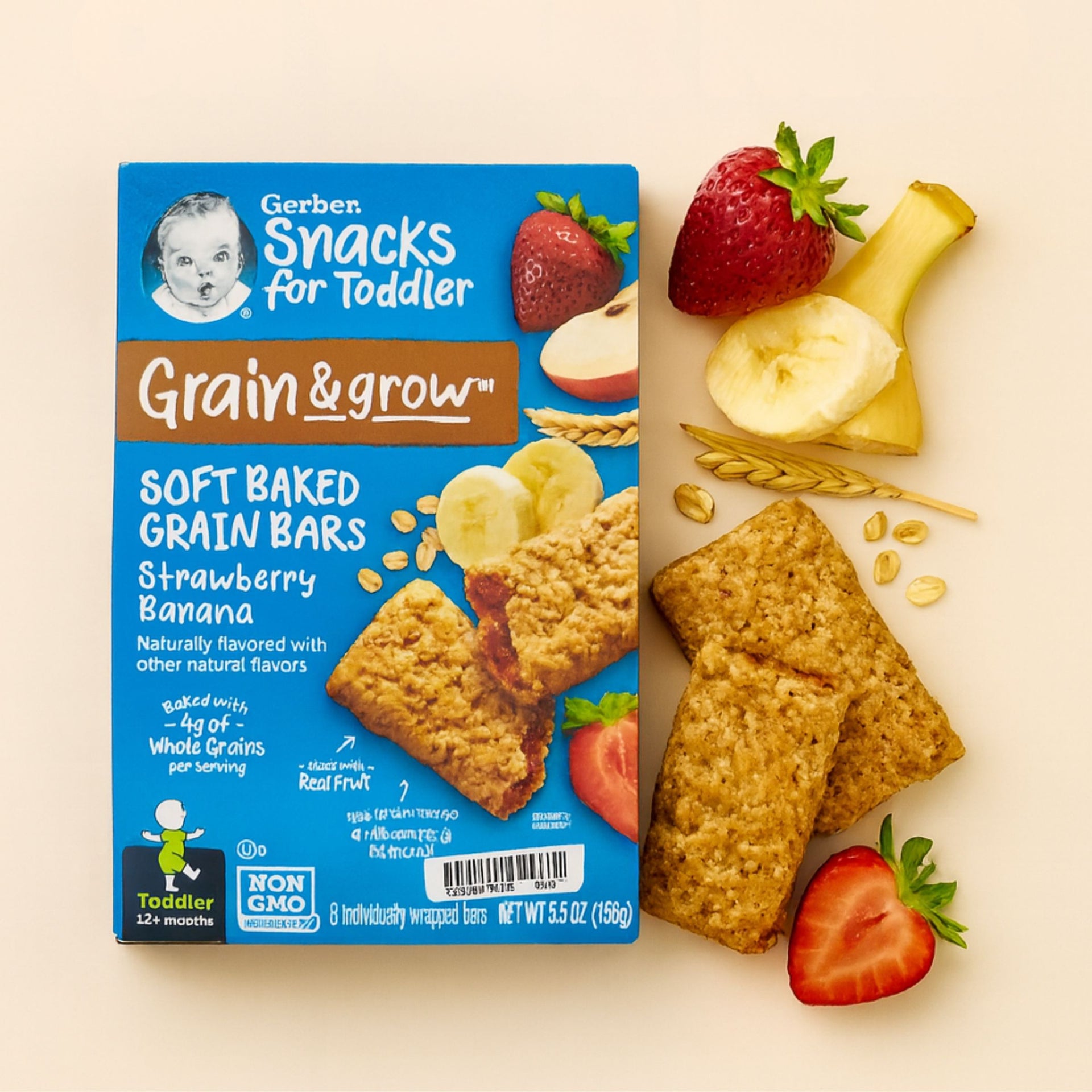 Gerber Grain & Grow Soft Baked Grain Bars – Strawberry Banana | Toddler Snack Bars | Non-GMO | 8 Individually Wrapped Bars