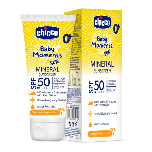 Chicco Baby Moments Mineral Sun Cream SPF 50 For Babies, 75g| 100% Mineral Sunscreen For All Skin Type | PA++++ | UVA and UVB Protection | Phenoxyethanol, Parabens & Lauryl Sulphates Free