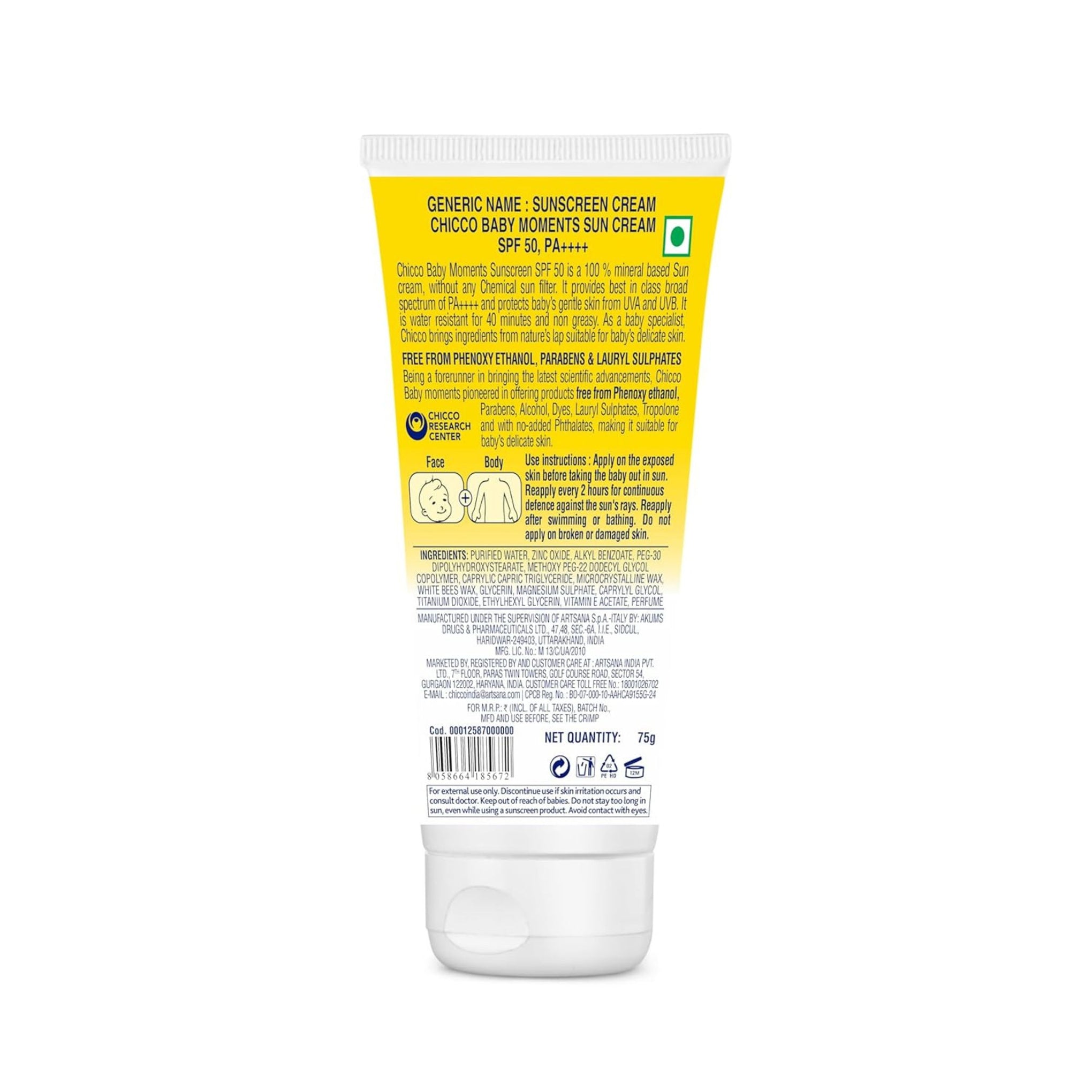 Chicco Baby Moments Mineral Sun Cream SPF 50 For Babies, 75g| 100% Mineral Sunscreen For All Skin Type | PA++++ | UVA and UVB Protection | Phenoxyethanol, Parabens & Lauryl Sulphates Free