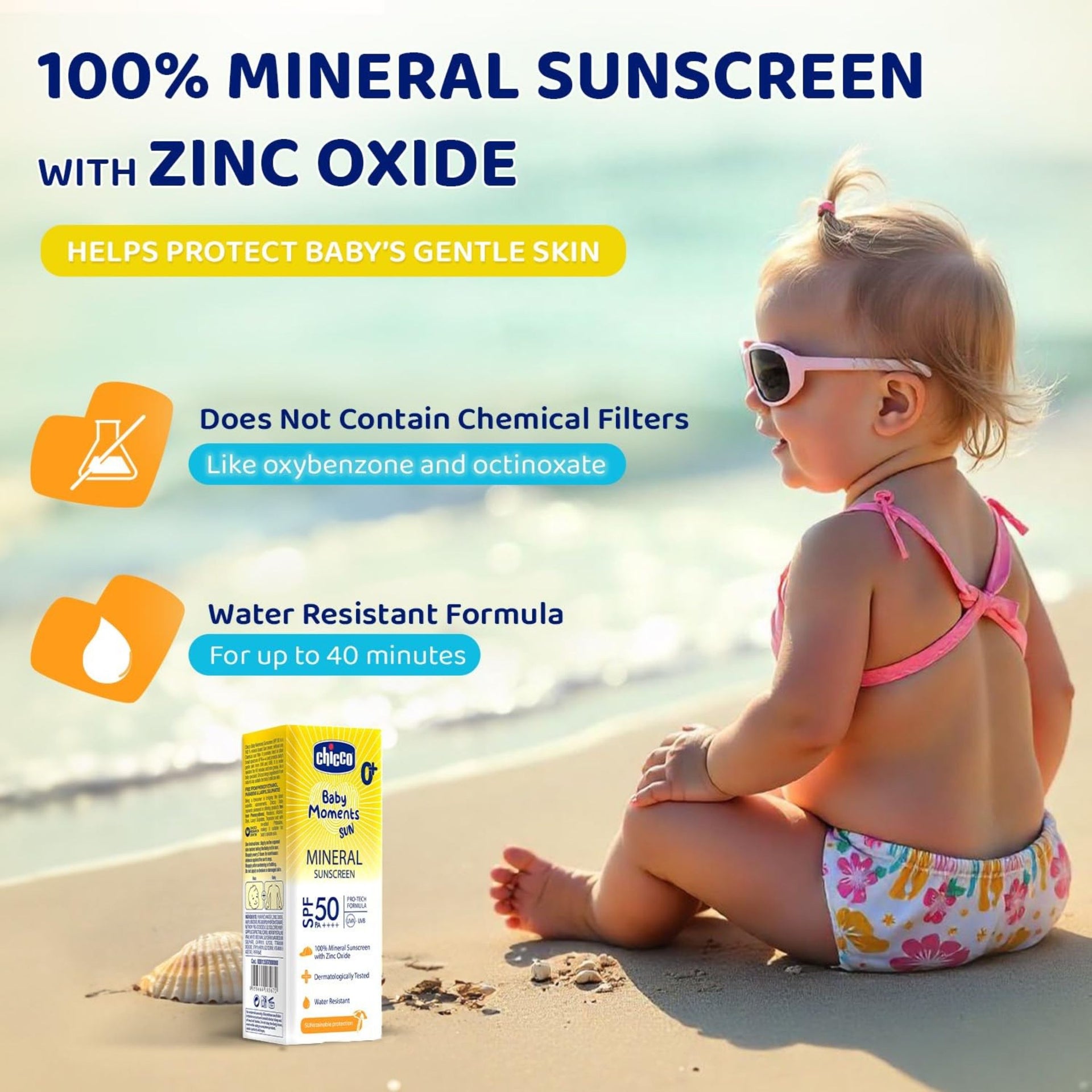 Chicco Baby Moments Mineral Sun Cream SPF 50 For Babies, 75g| 100% Mineral Sunscreen For All Skin Type | PA++++ | UVA and UVB Protection | Phenoxyethanol, Parabens & Lauryl Sulphates Free
