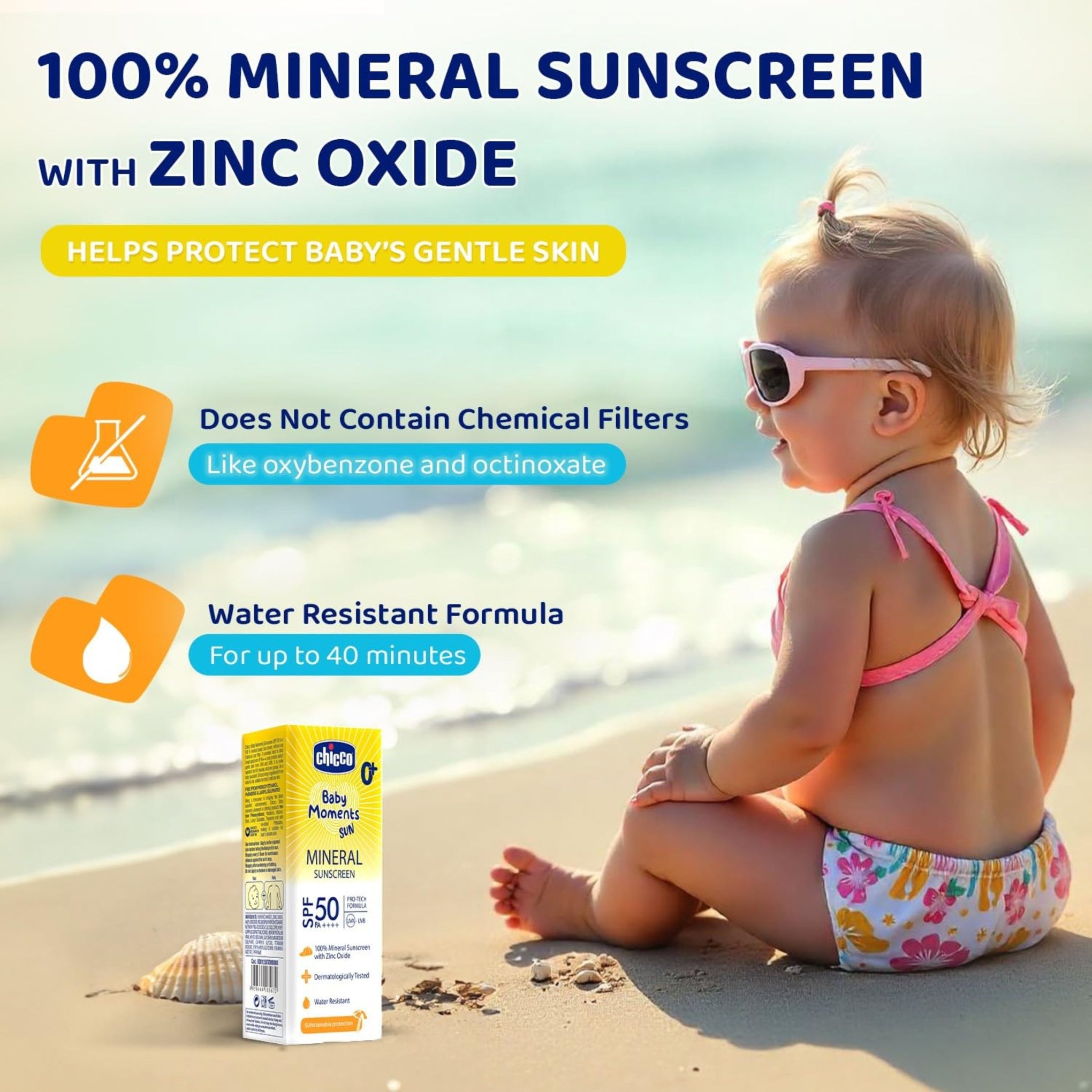 Chicco Baby Moments Mineral Sun Cream SPF 50 For Babies, 75g| 100% Mineral Sunscreen For All Skin Type | PA++++ | UVA and UVB Protection | Phenoxyethanol, Parabens & Lauryl Sulphates Free
