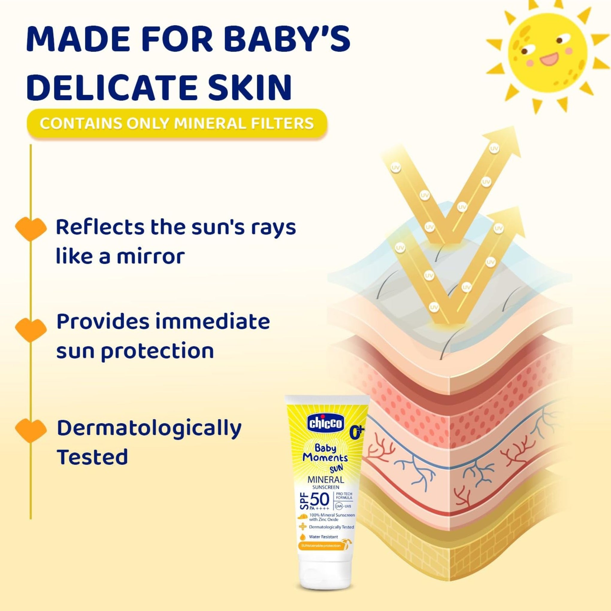 Chicco Baby Moments Mineral Sun Cream SPF 50 For Babies, 75g| 100% Mineral Sunscreen For All Skin Type | PA++++ | UVA and UVB Protection | Phenoxyethanol, Parabens & Lauryl Sulphates Free