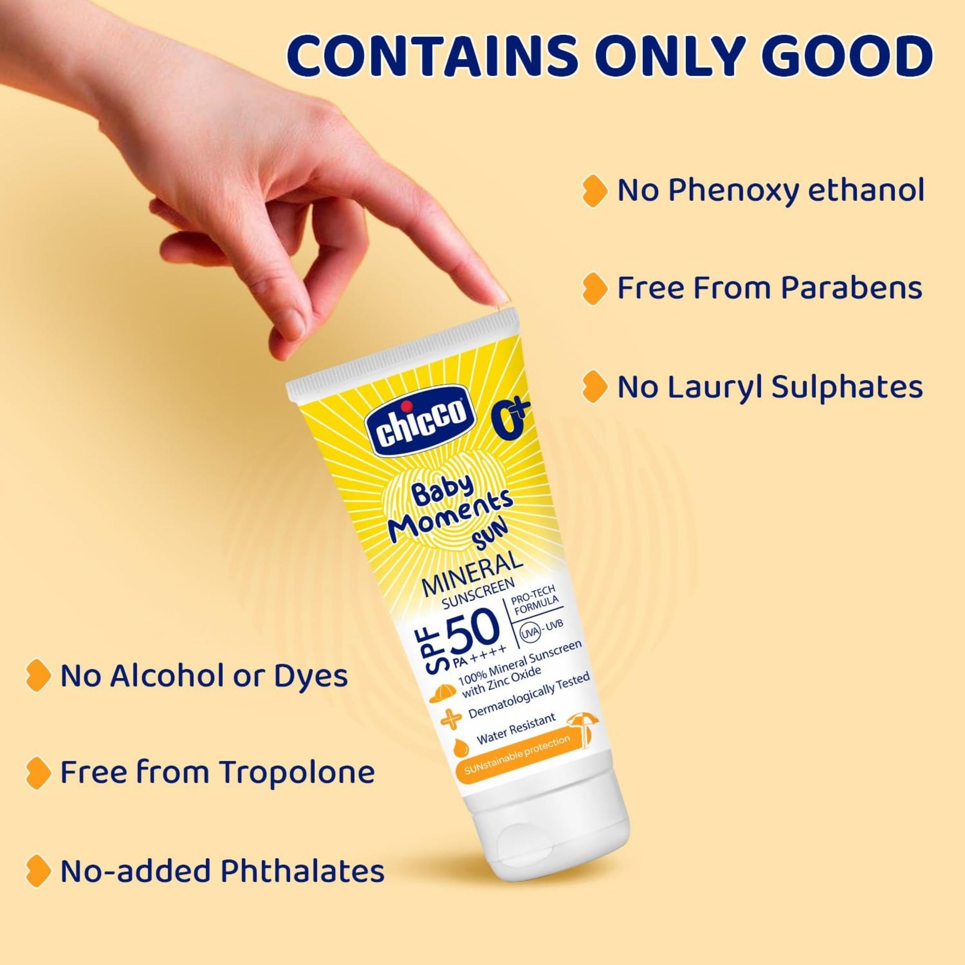 Chicco Baby Moments Mineral Sun Cream SPF 50 For Babies, 75g| 100% Mineral Sunscreen For All Skin Type | PA++++ | UVA and UVB Protection | Phenoxyethanol, Parabens & Lauryl Sulphates Free