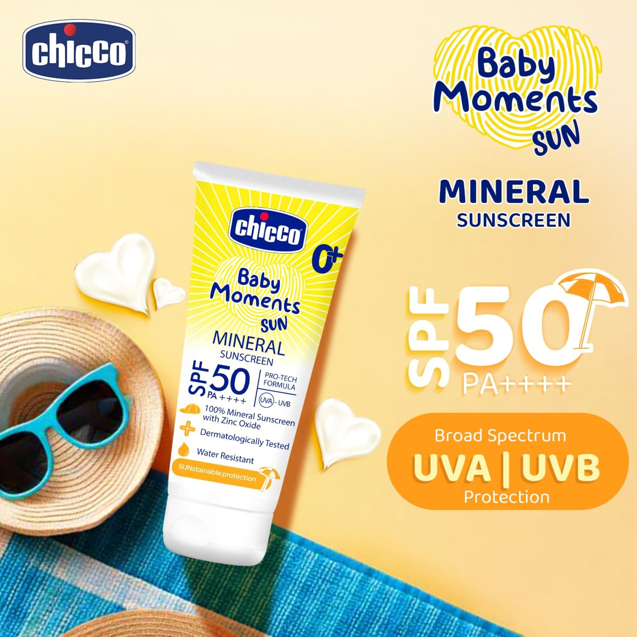 Chicco Baby Moments Mineral Sun Cream SPF 50 For Babies, 75g| 100% Mineral Sunscreen For All Skin Type | PA++++ | UVA and UVB Protection | Phenoxyethanol, Parabens & Lauryl Sulphates Free
