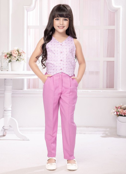 TINY BABY GIRLS PRINTED V-NECK SLEEVELESS TOP AND PANT WITH FULL SLEEVE BLAZER SET  LAVENDER COLORE Set