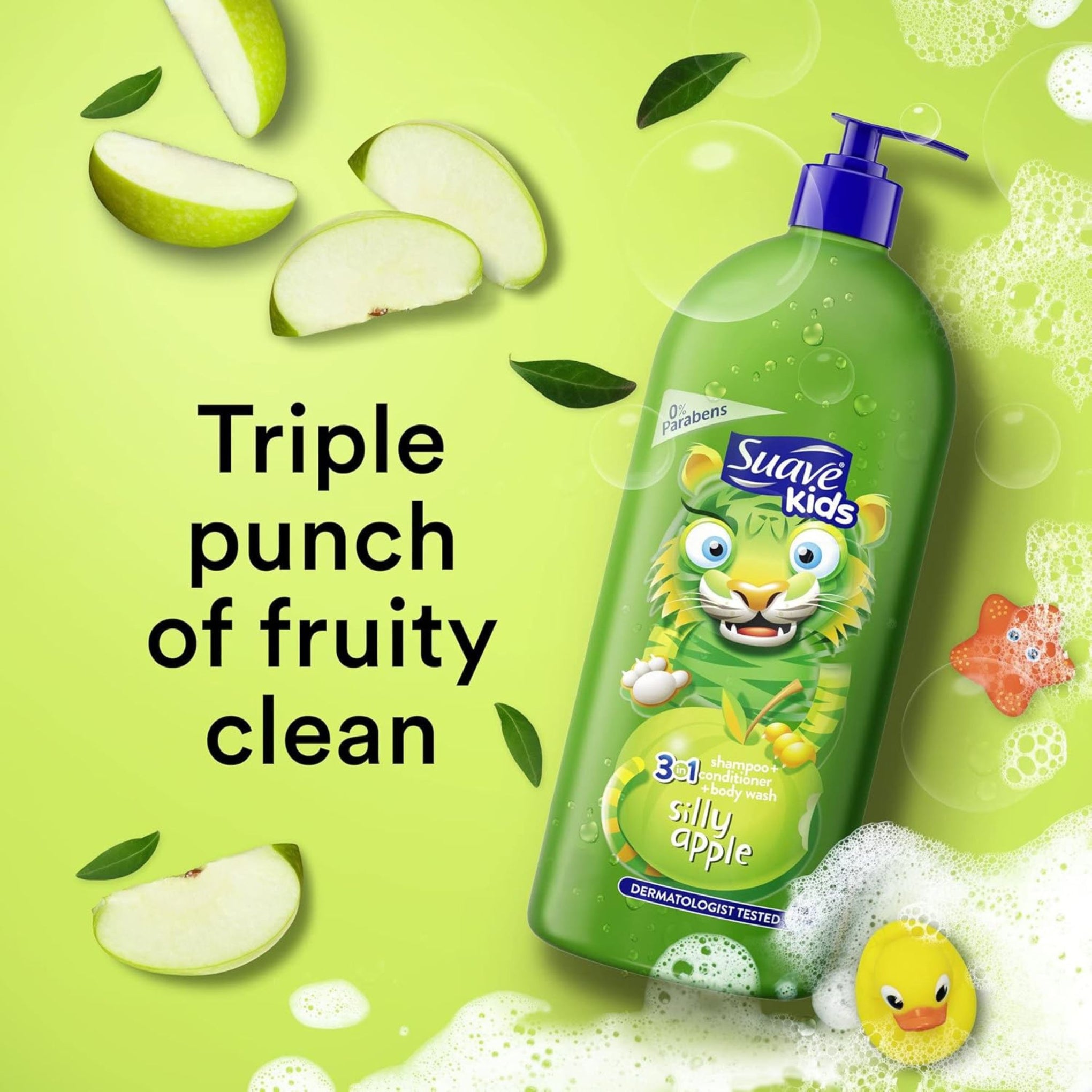 Suave Silly Apple 3-in-1 Shampoo & Conditioner, Body Wash for baby, green color , 532ML