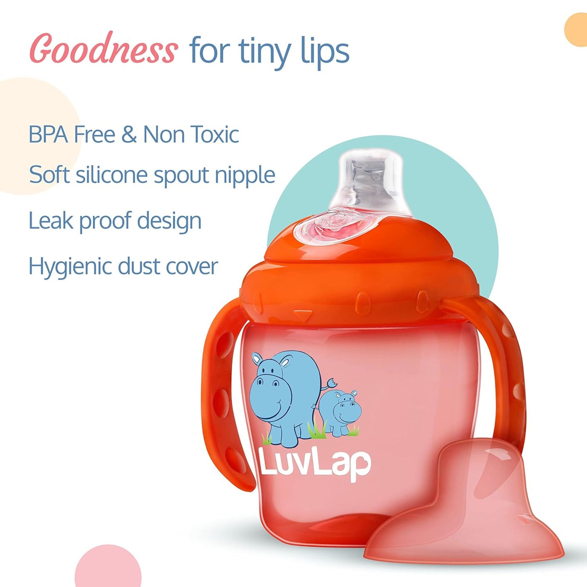 LuvLap Hippo Spout Sipper For Kids 225ml, Anti-Spill Sippy Cup with Soft Silicone Spout , Sipper with Handles (Orange)
