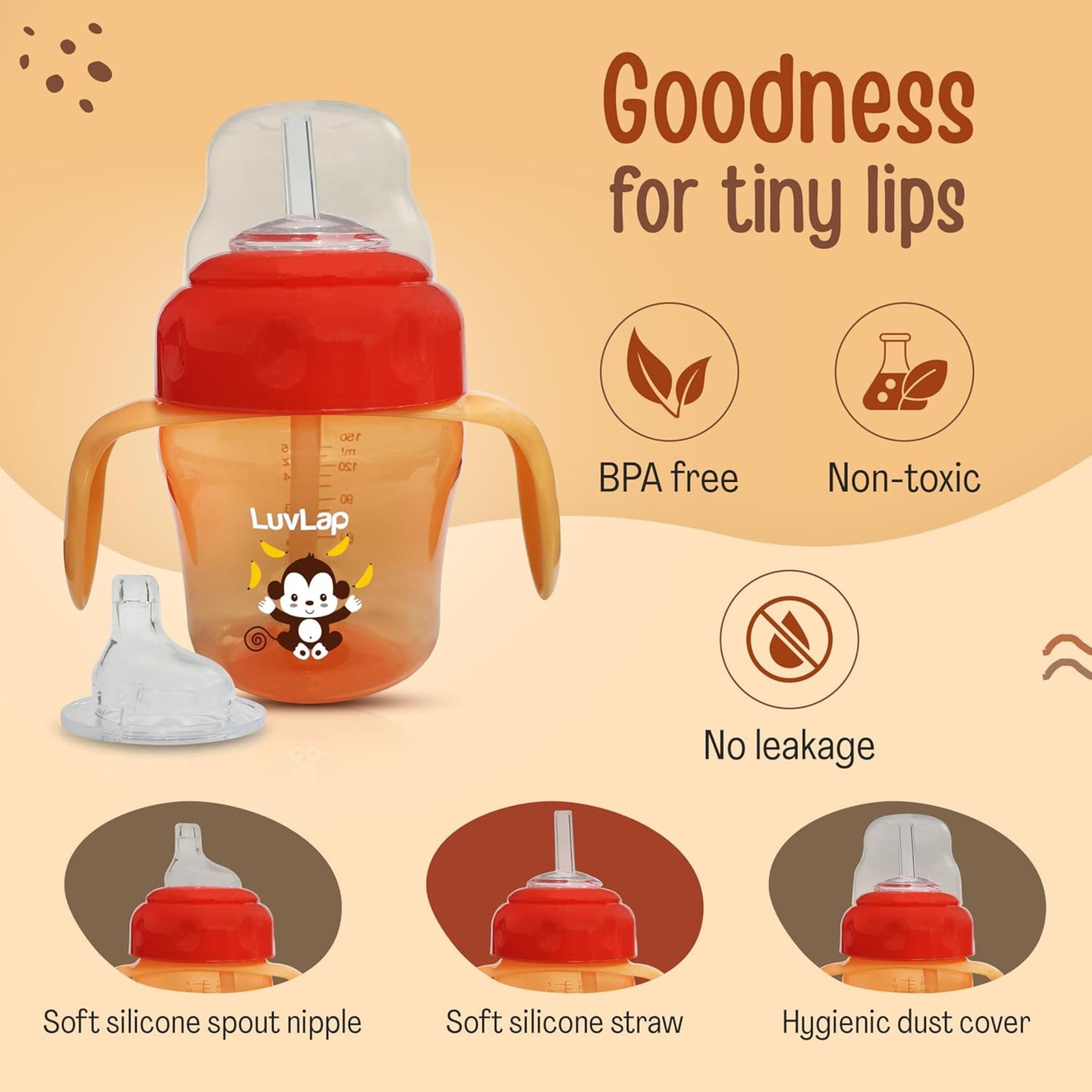 LuvLap Banana Time 150ml Anti Spill, Interchangeable Sipper / Sippy Cup with Soft Silicone Spout and Straw (Orange)