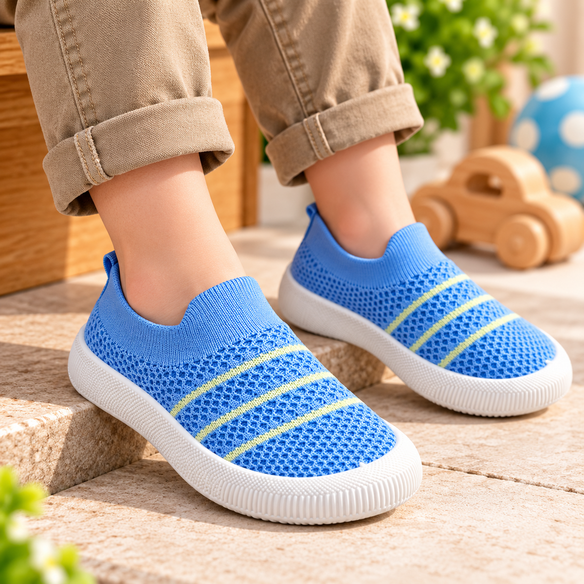 SMILE BABY blue knit slip-on sneakers worn by child