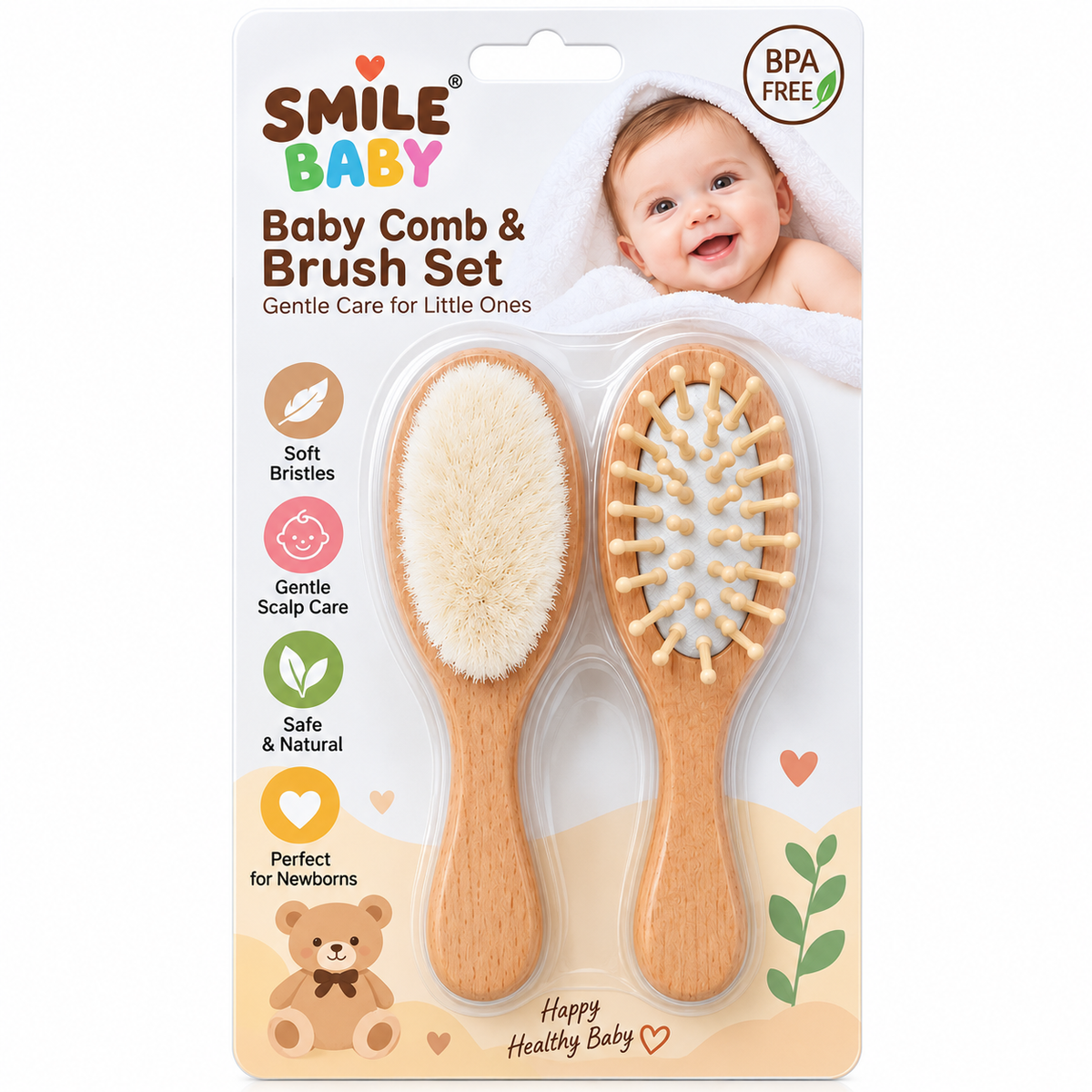 Smile Baby Wooden Baby Comb & Brush Set 